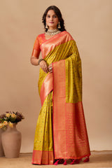 Enchanted Weaves Banarasi Silk Saree in Mehendi & Cherry Tones