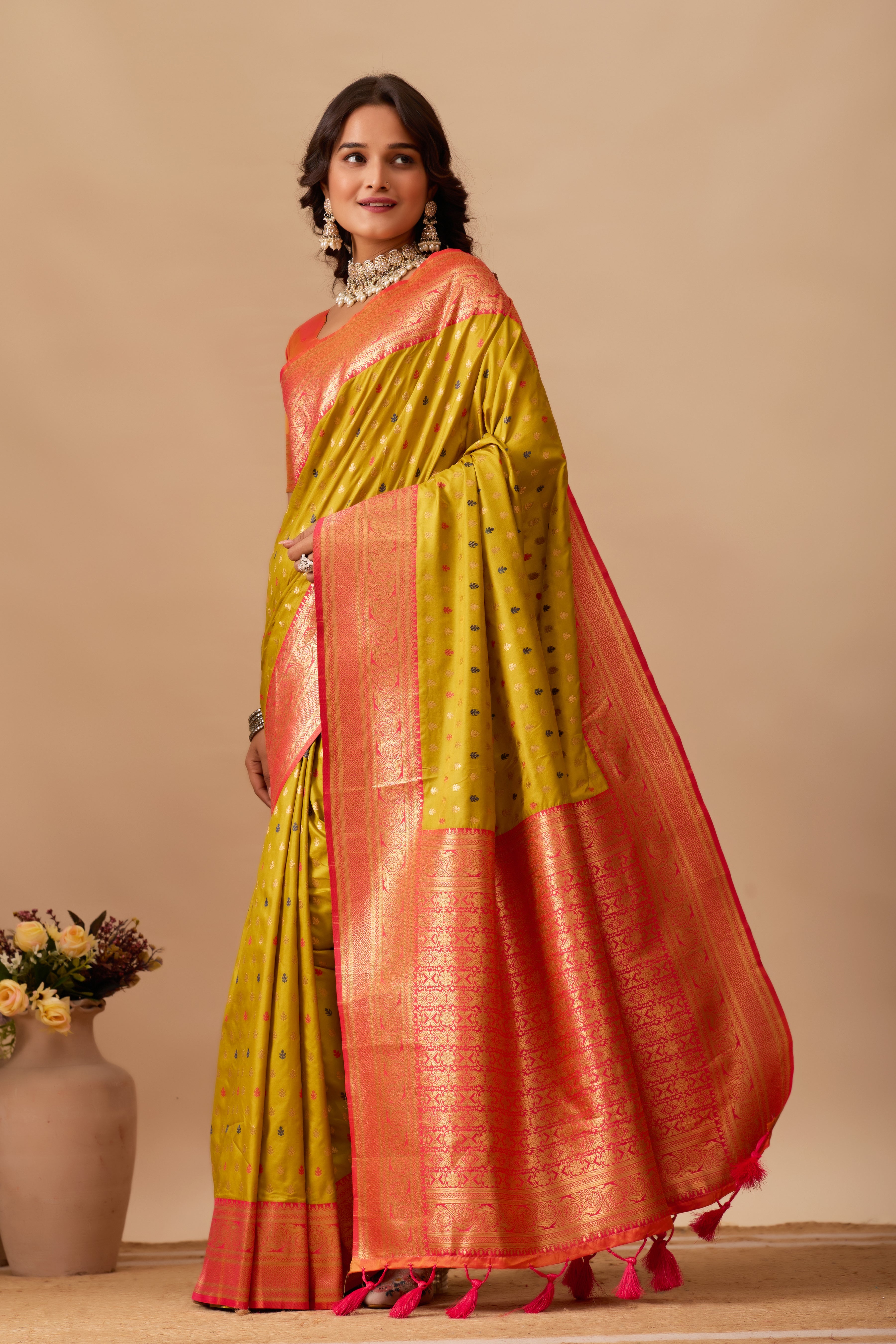 Enchanted Weaves Banarasi Silk Saree in Mehendi & Cherry Tones