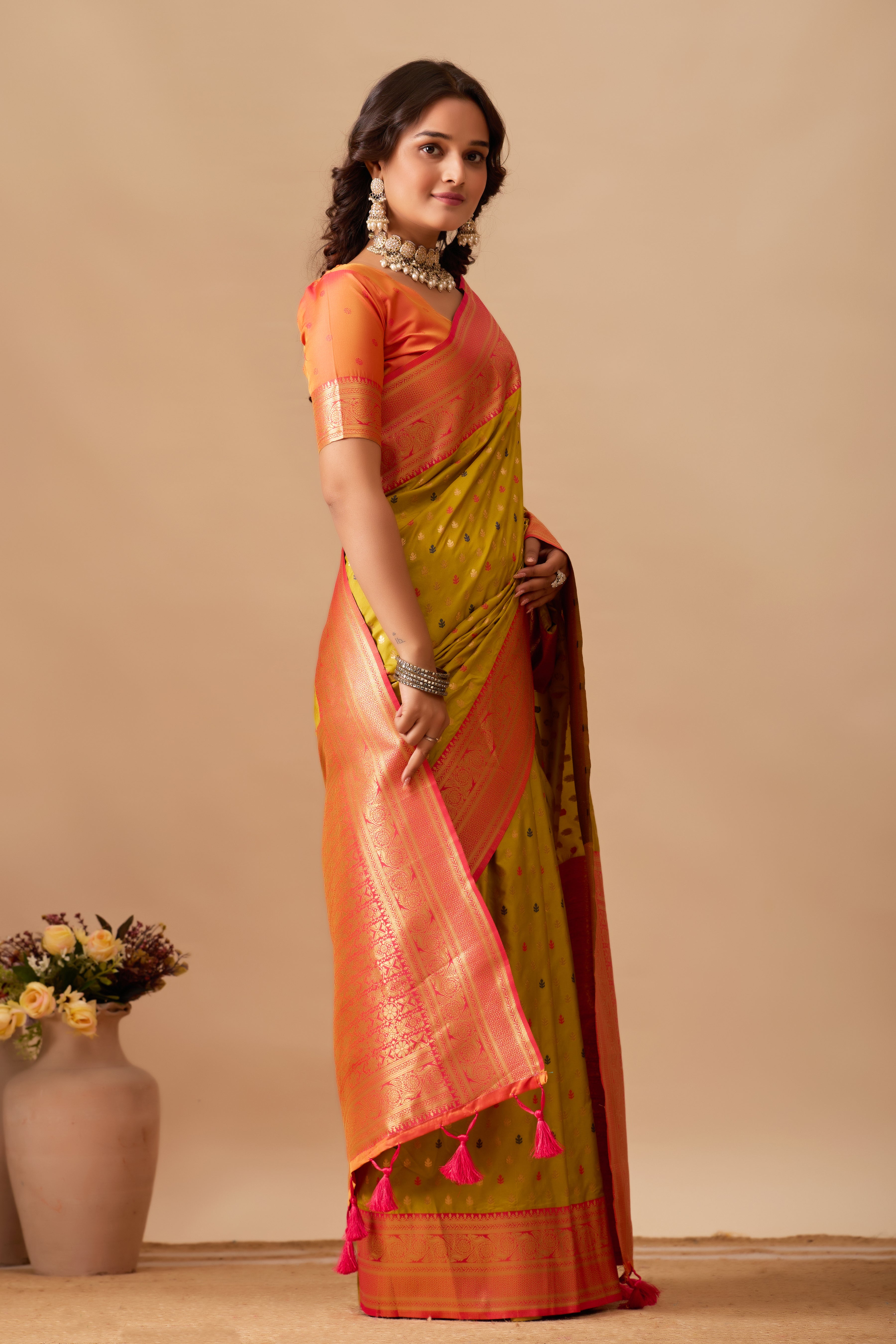 Enchanted Weaves Banarasi Silk Saree in Mehendi & Cherry Tones