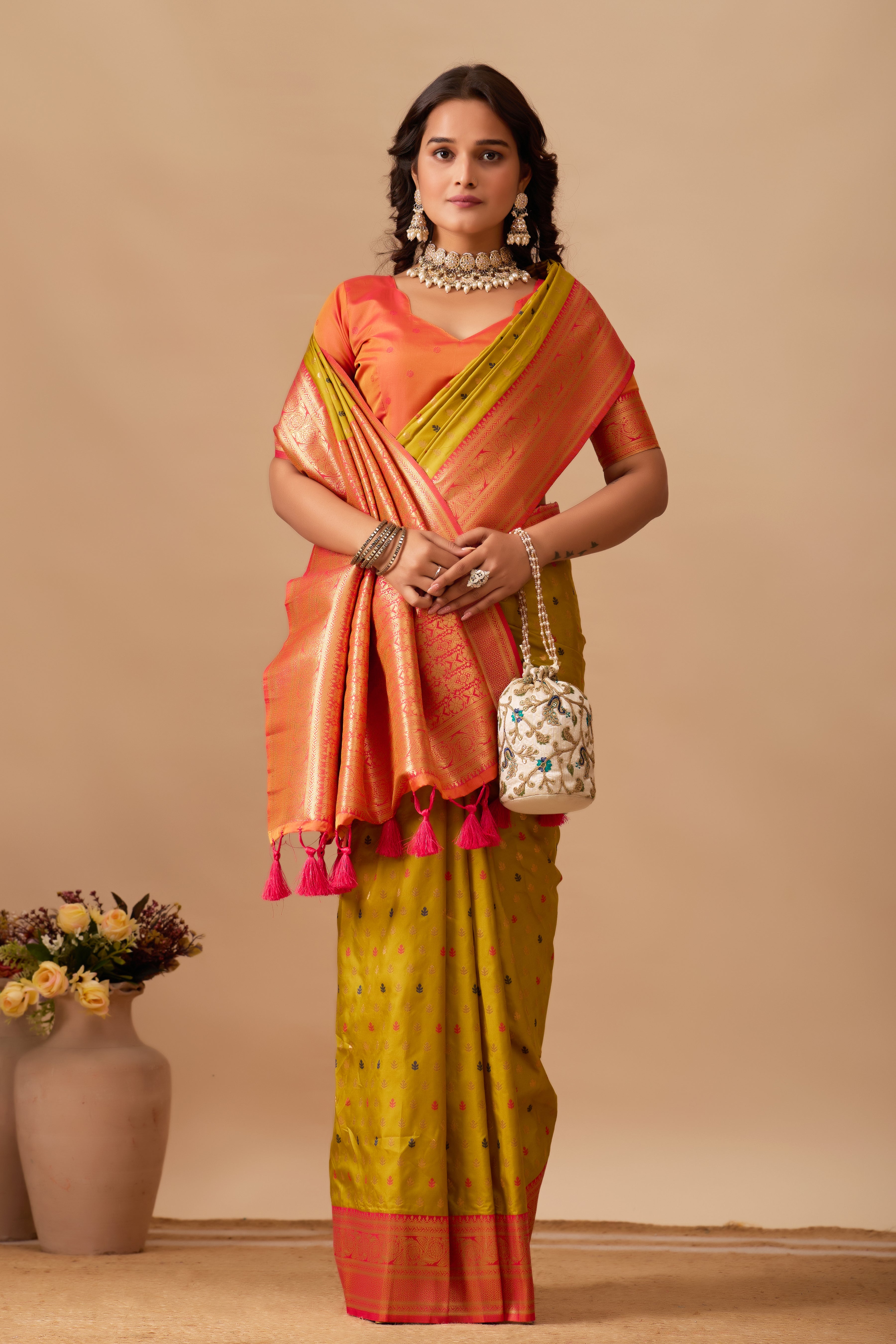 Enchanted Weaves Banarasi Silk Saree in Mehendi & Cherry Tones