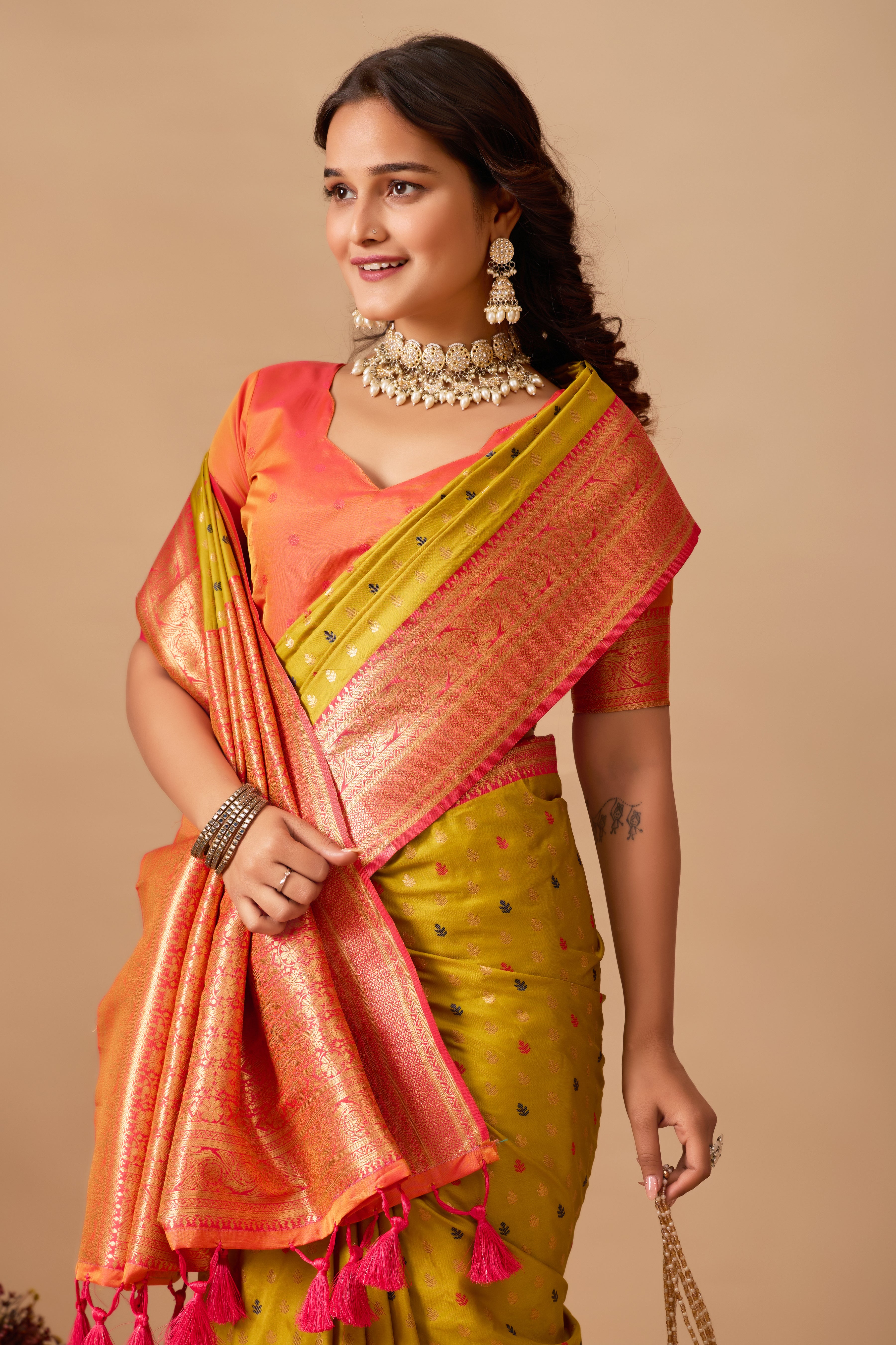 Enchanted Weaves Banarasi Silk Saree in Mehendi & Cherry Tones