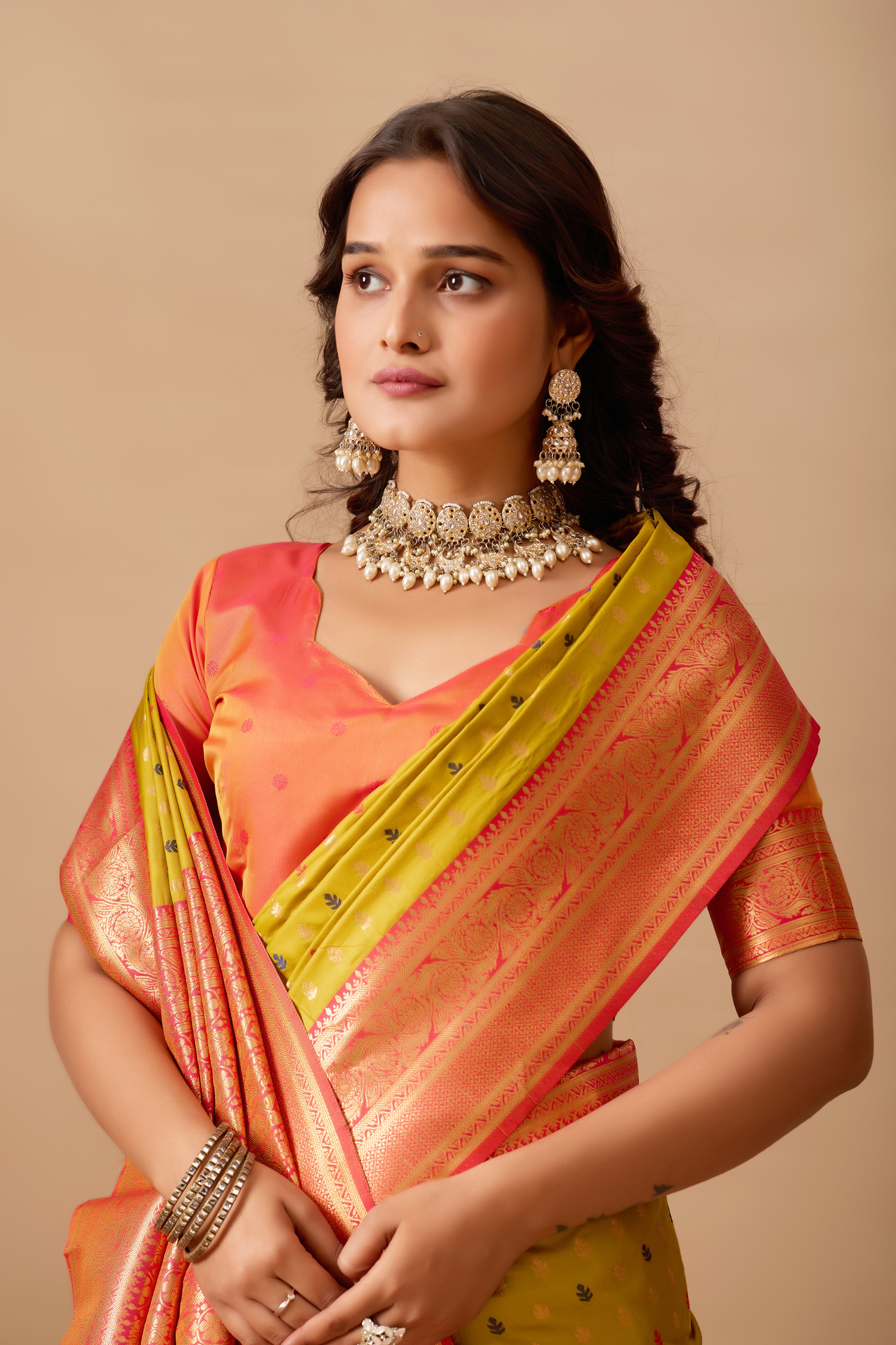 Enchanted Weaves Banarasi Silk Saree in Mehendi & Cherry Tones