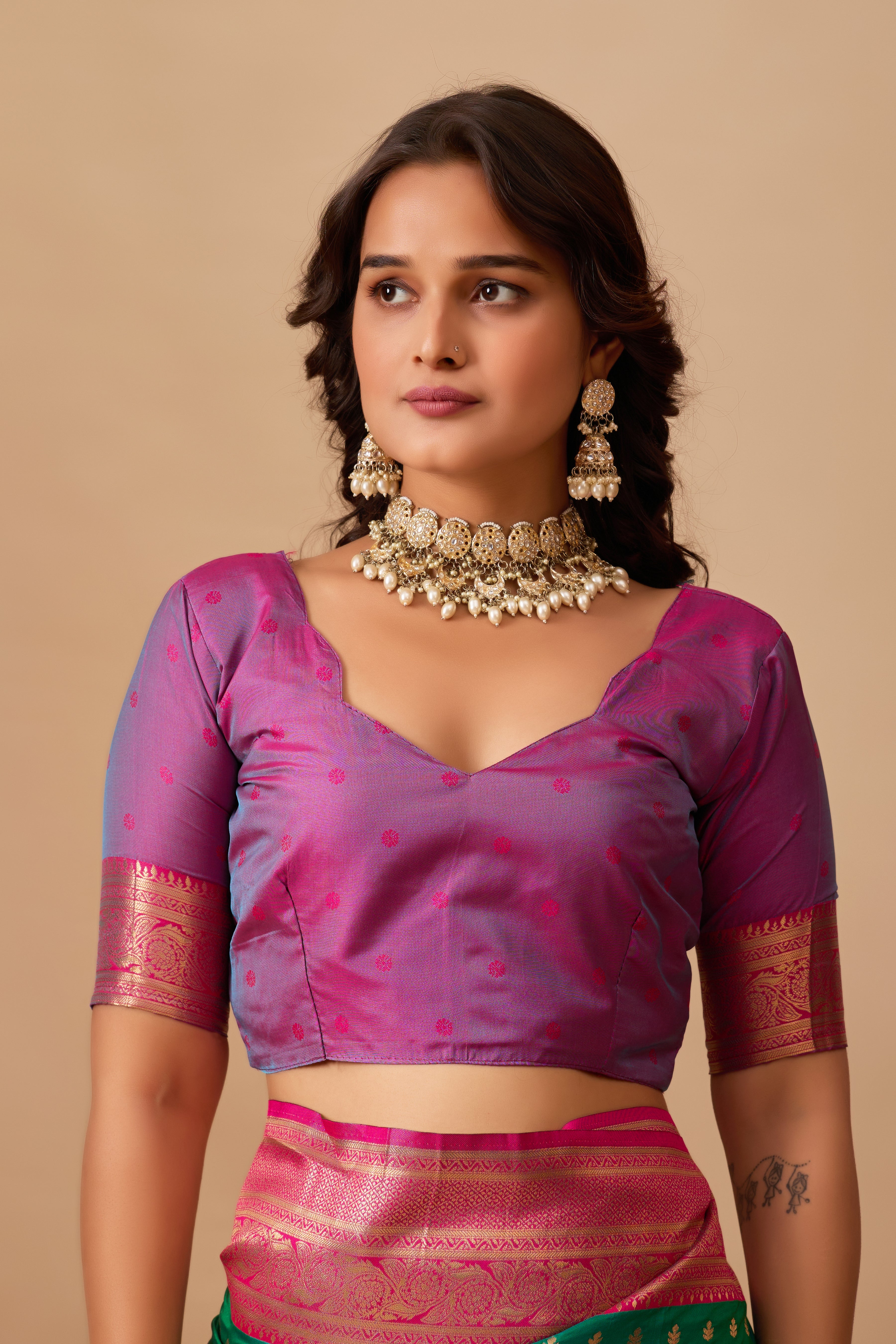 Enchanted Weaves Banarasi Silk Saree in Parrot Green & Dark Rani Tones