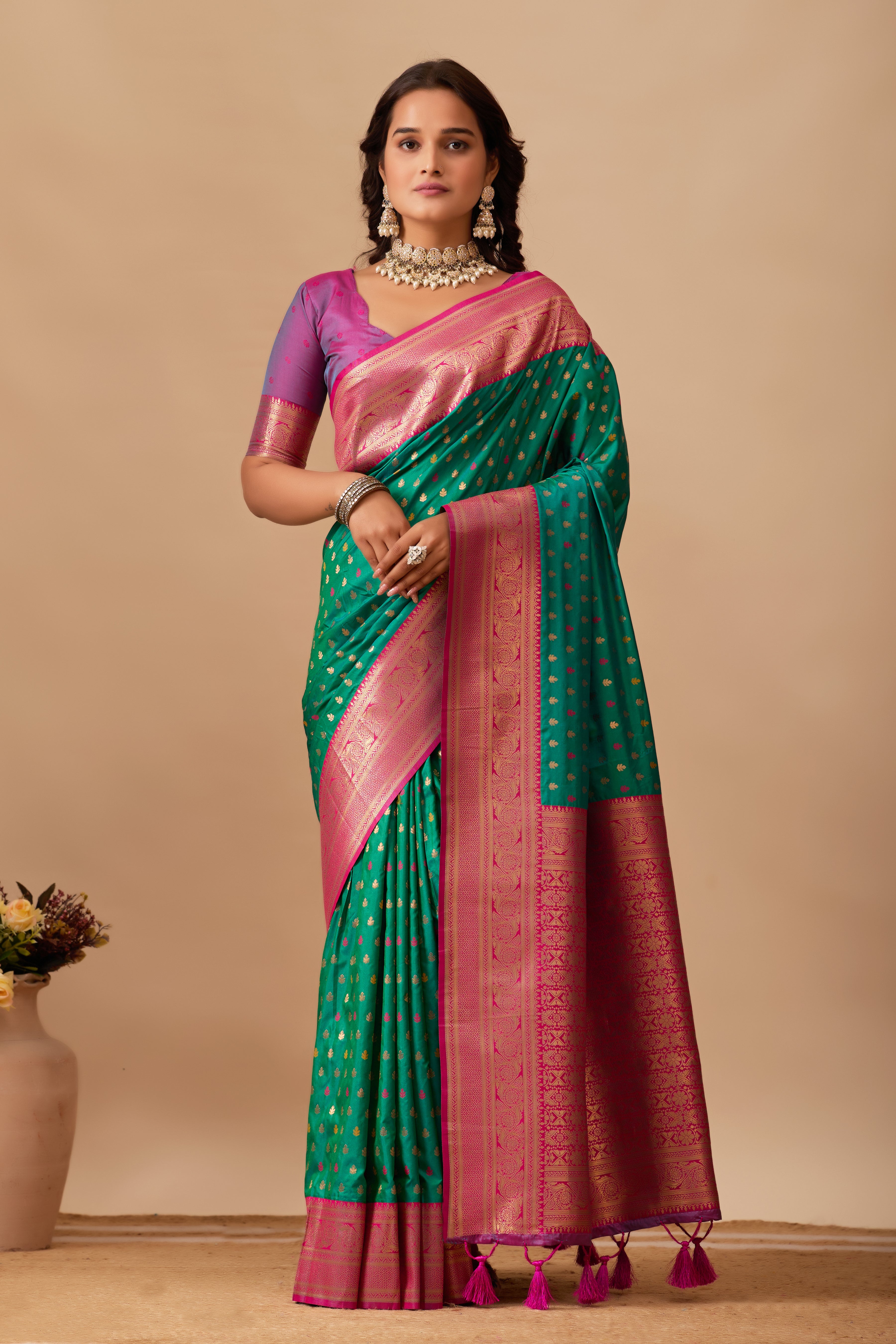 Enchanted Weaves Banarasi Silk Saree in Parrot Green & Dark Rani Tones