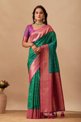 Enchanted Weaves Banarasi Silk Saree in Parrot Green & Dark Rani Tones