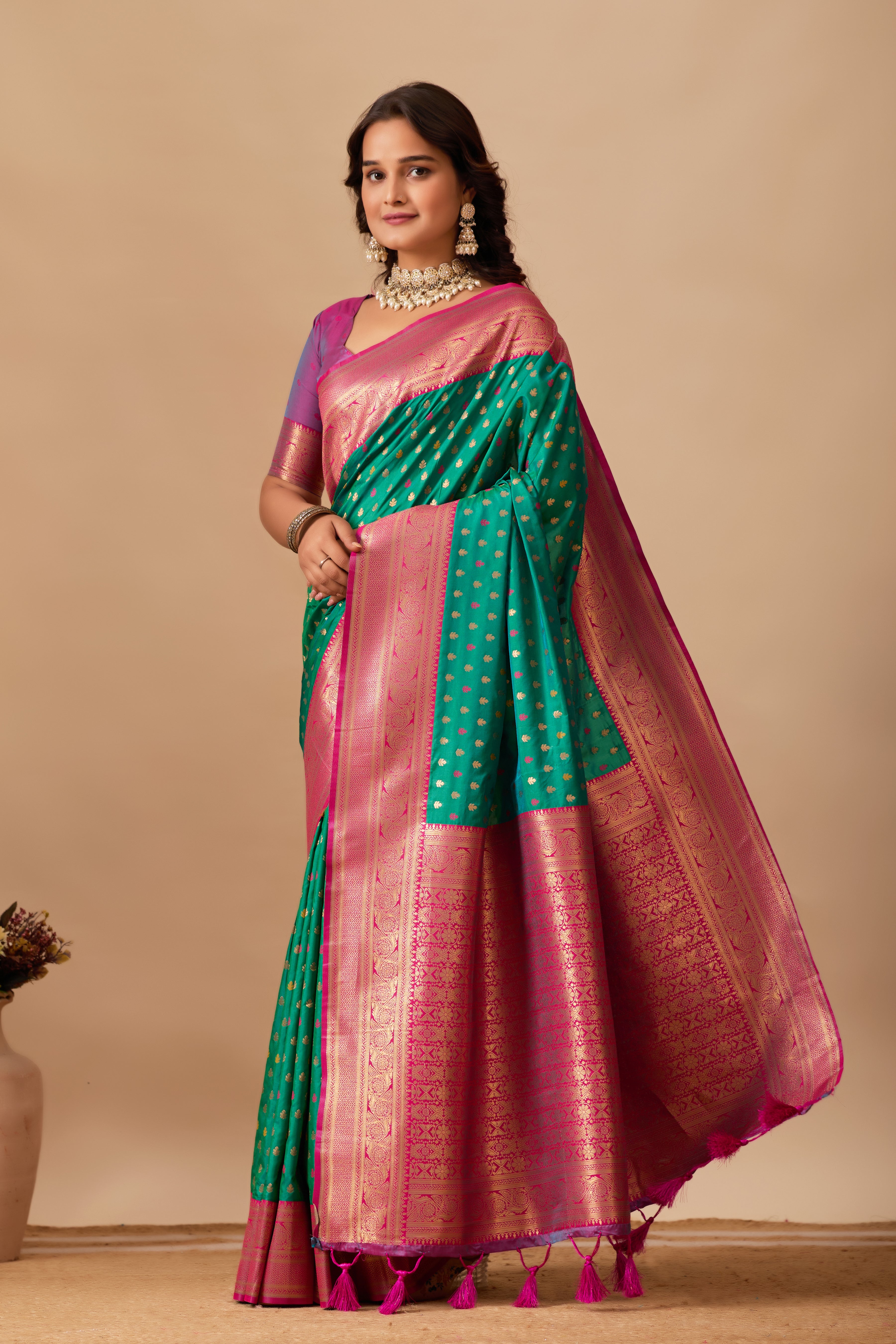 Enchanted Weaves Banarasi Silk Saree in Parrot Green & Dark Rani Tones