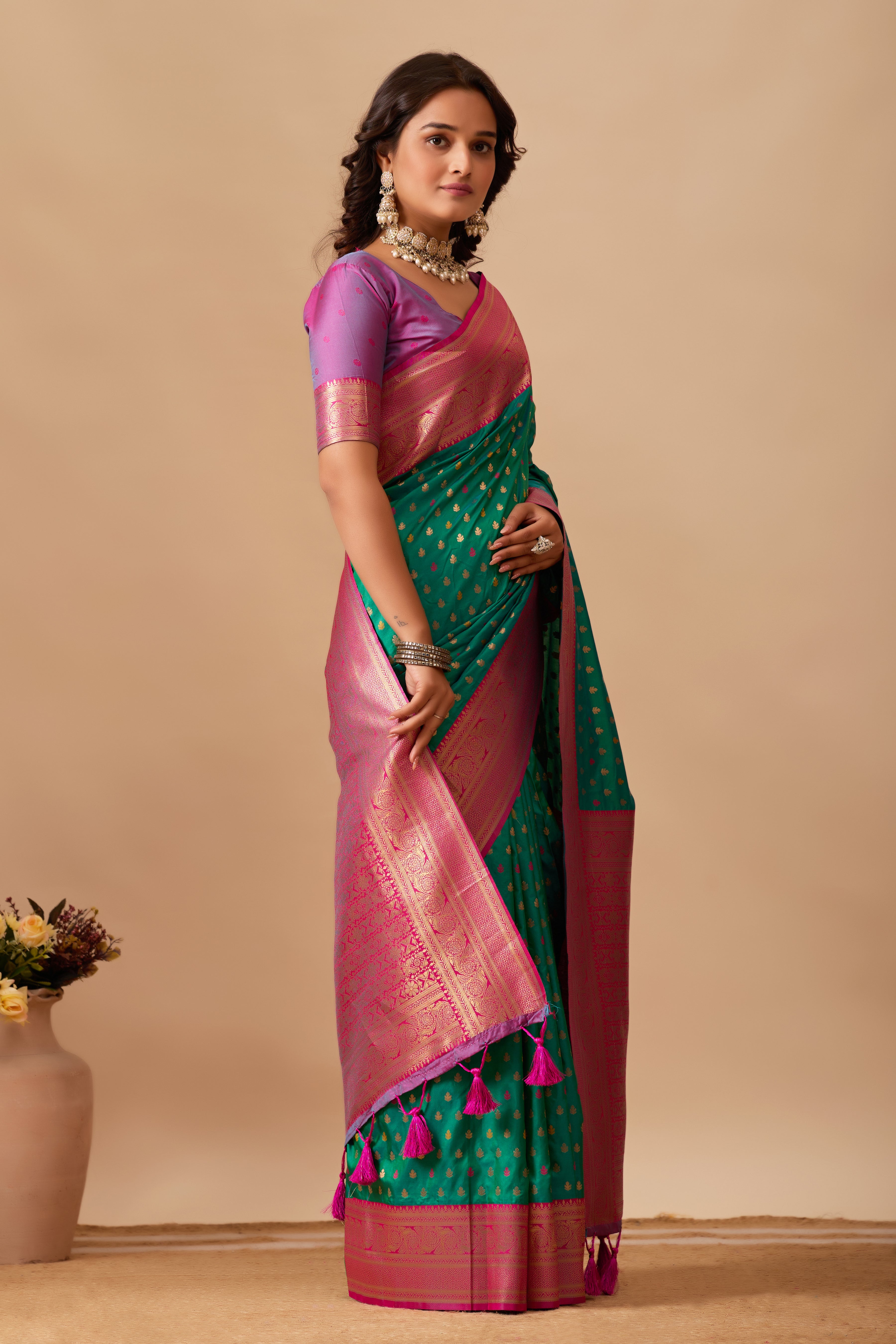Enchanted Weaves Banarasi Silk Saree in Parrot Green & Dark Rani Tones
