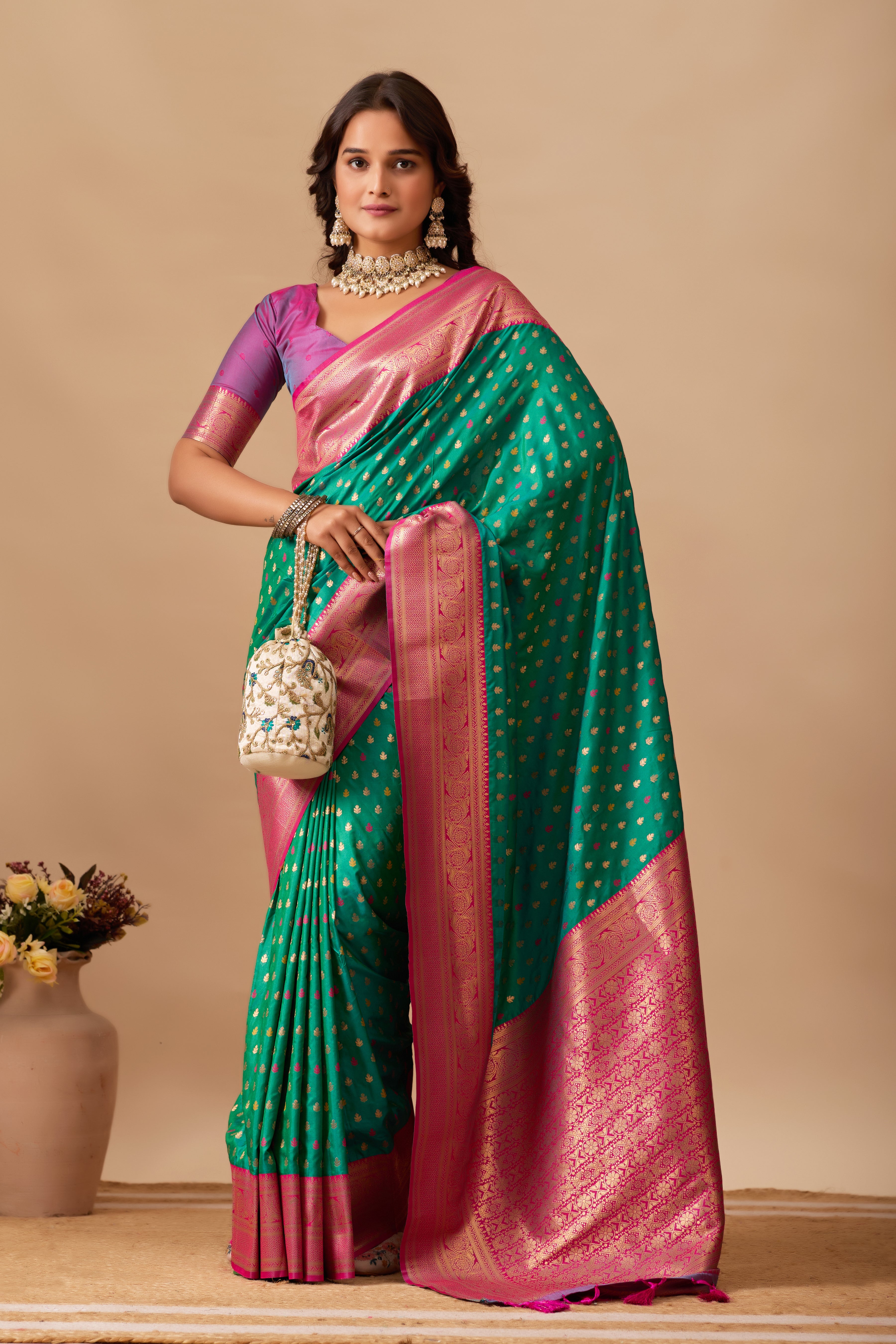 Enchanted Weaves Banarasi Silk Saree in Parrot Green & Dark Rani Tones