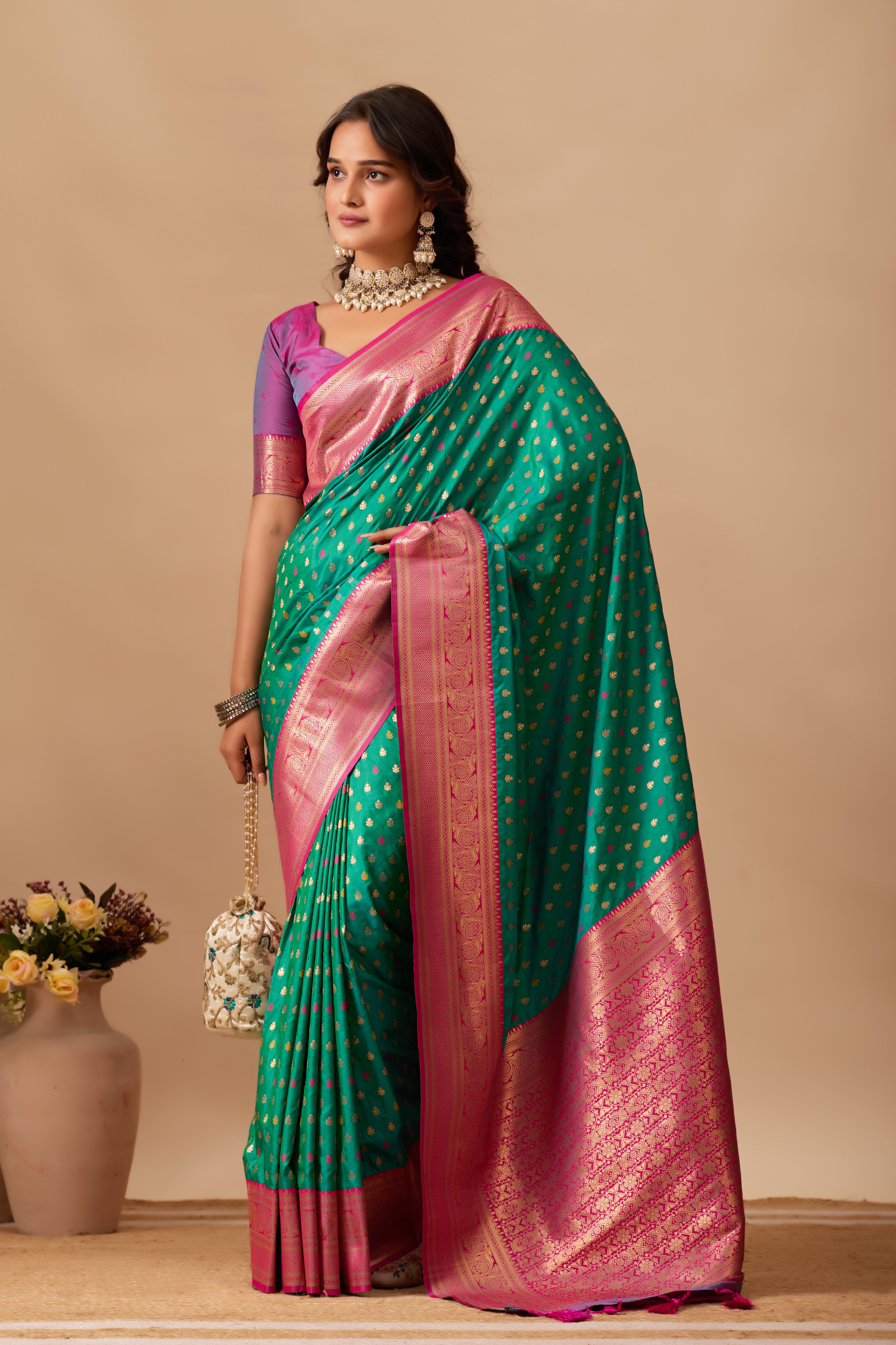Enchanted Weaves Banarasi Silk Saree in Parrot Green & Dark Rani Tones