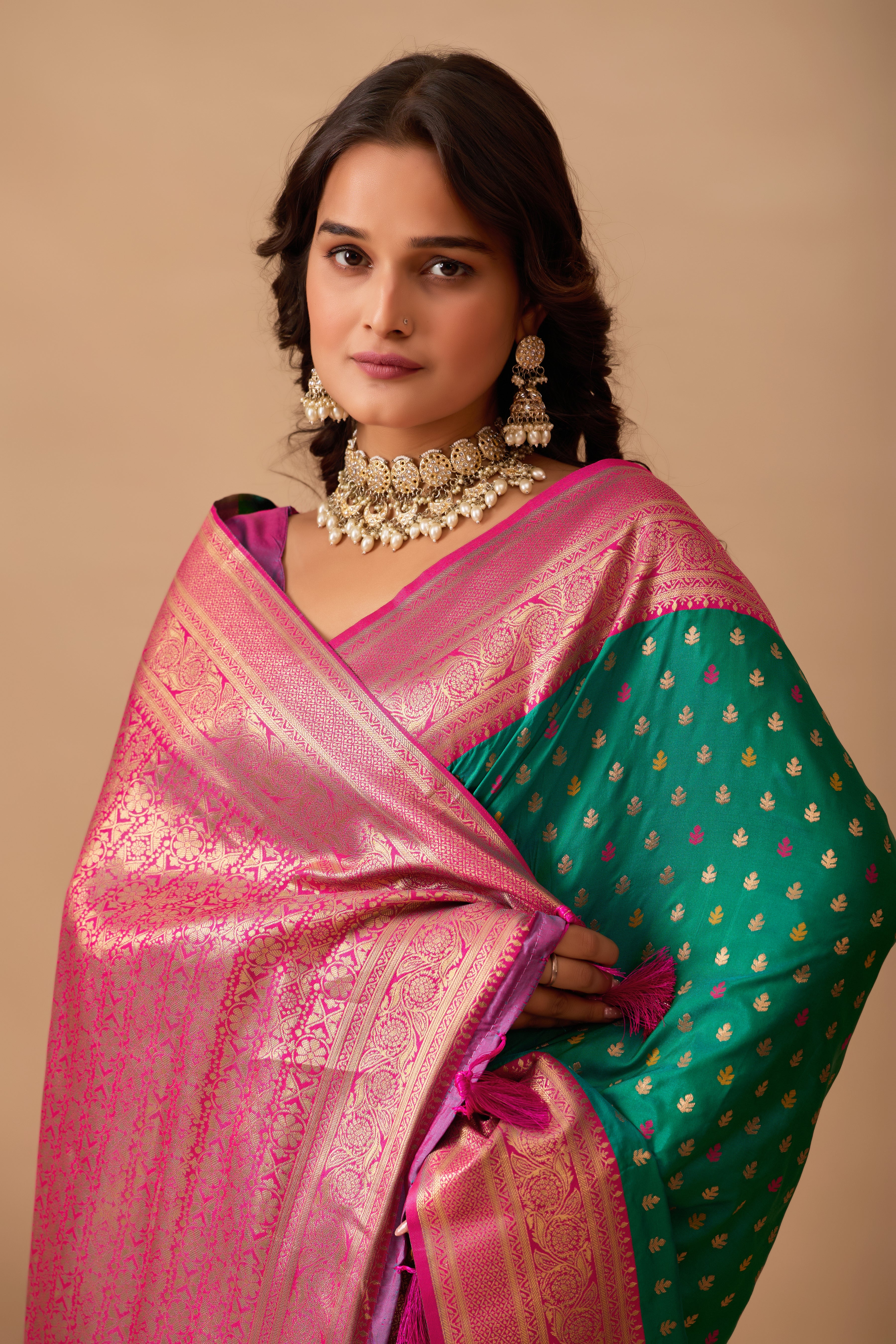 Enchanted Weaves Banarasi Silk Saree in Parrot Green & Dark Rani Tones
