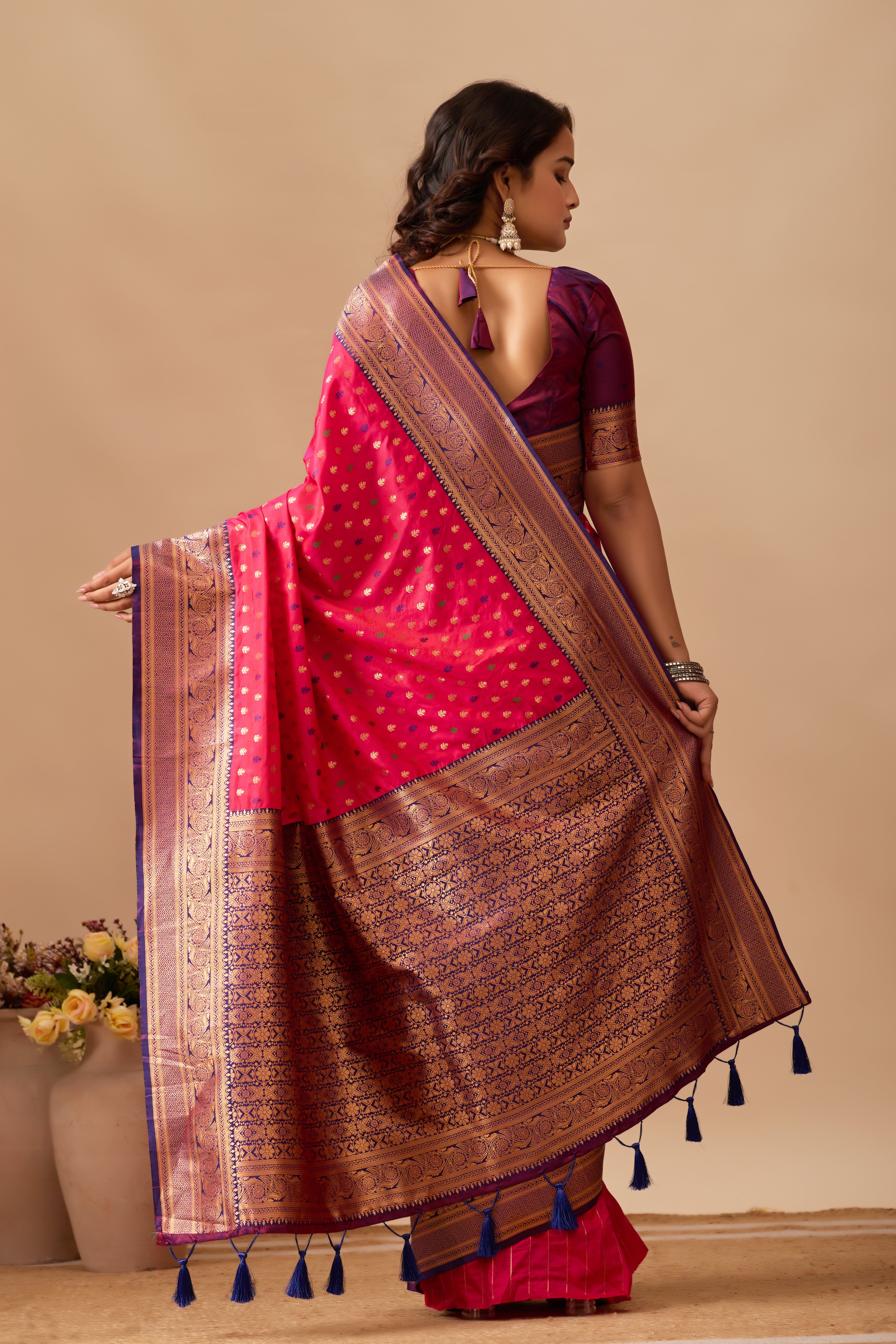 Enchanted Weaves Banarasi Silk Saree in Dark Rani & Navy Blue Tones