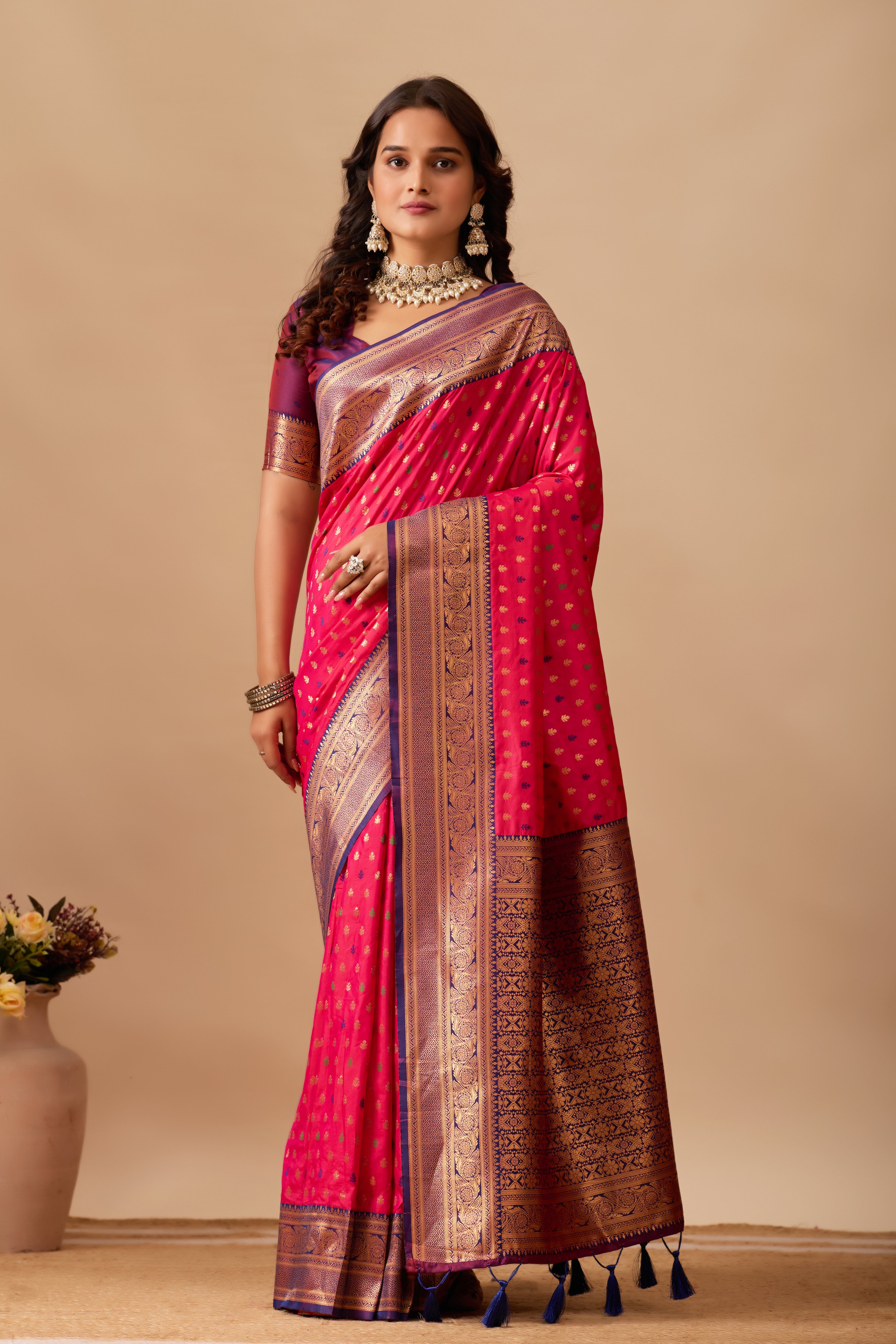 Enchanted Weaves Banarasi Silk Saree in Dark Rani & Navy Blue Tones