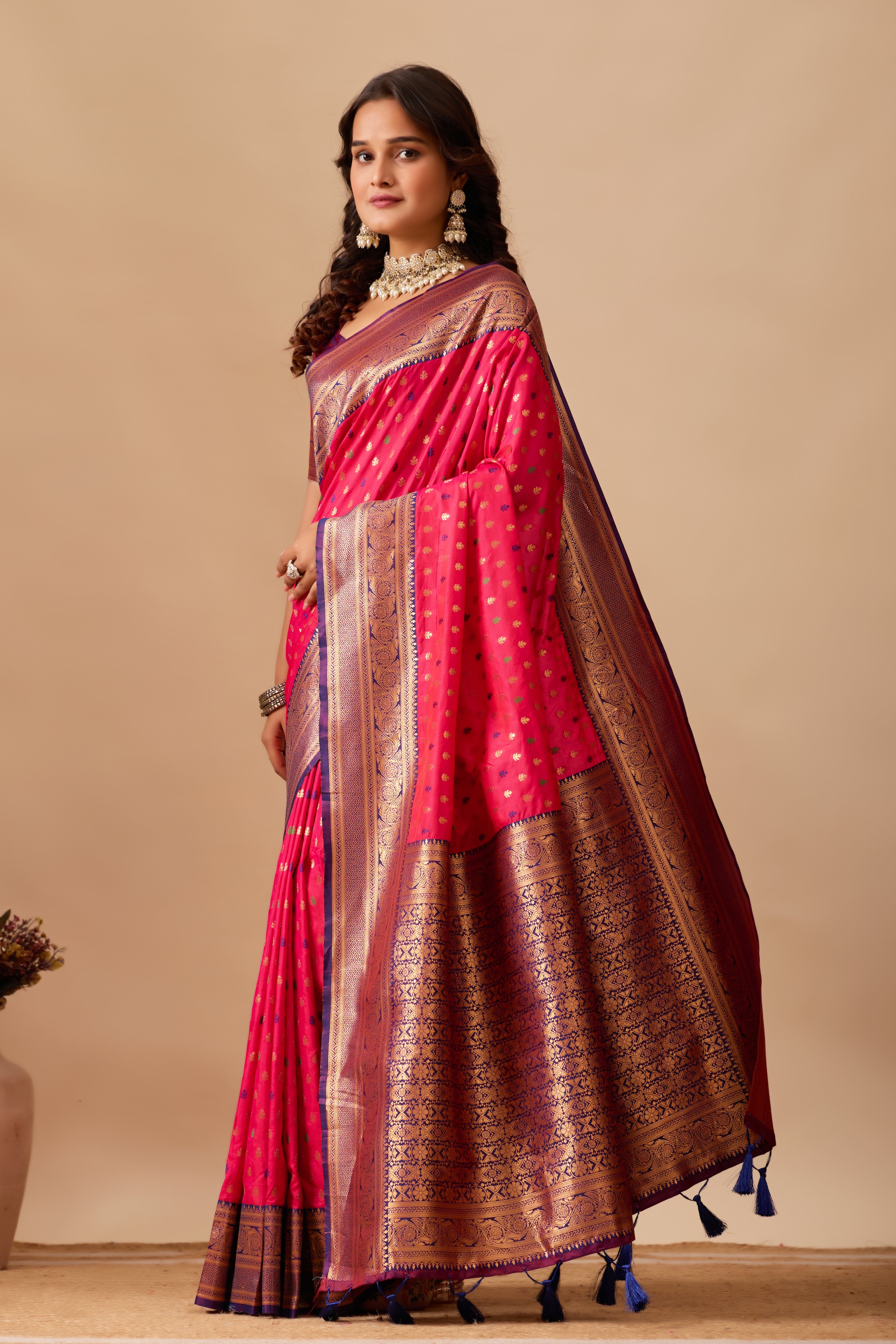 Enchanted Weaves Banarasi Silk Saree in Dark Rani & Navy Blue Tones