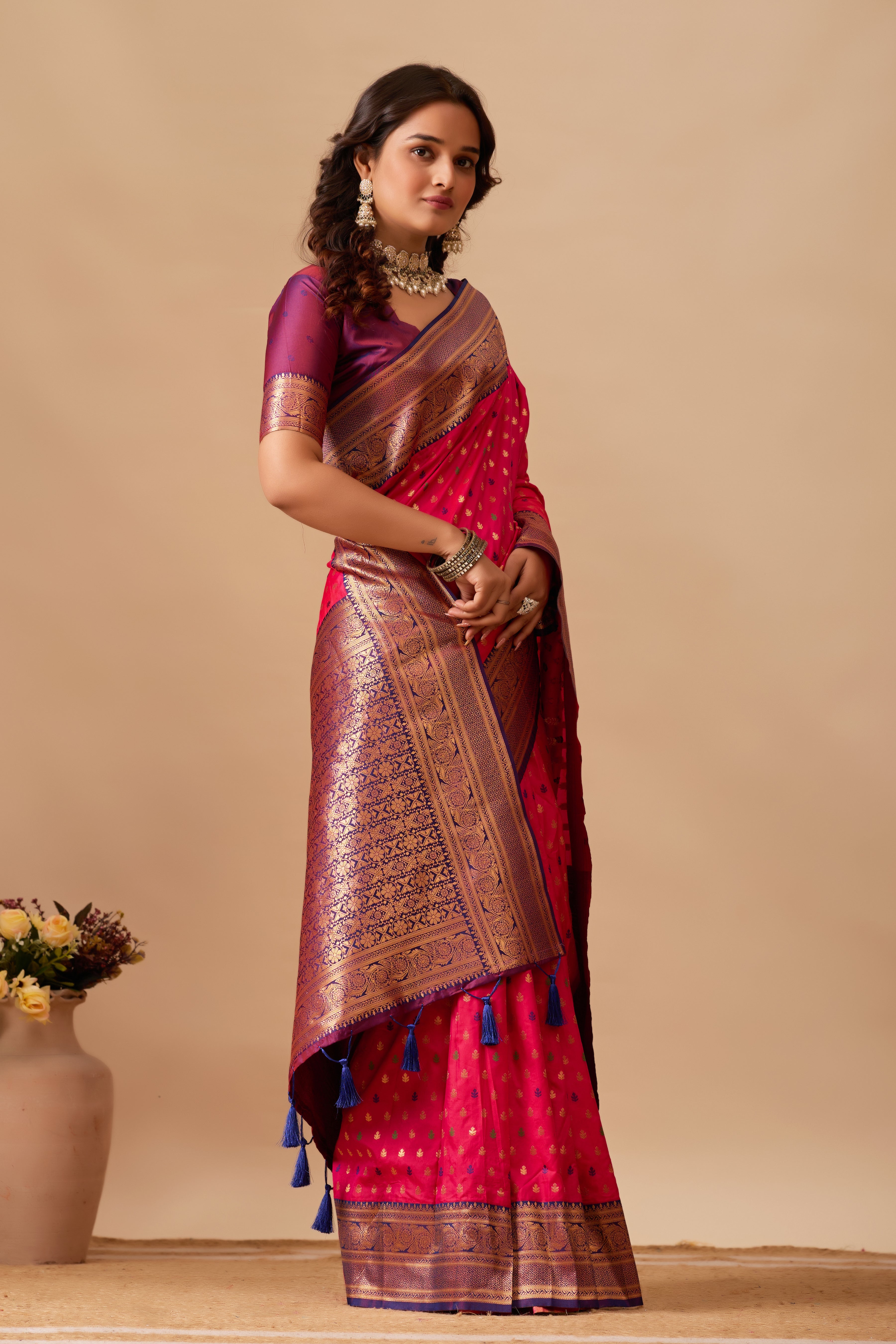 Enchanted Weaves Banarasi Silk Saree in Dark Rani & Navy Blue Tones