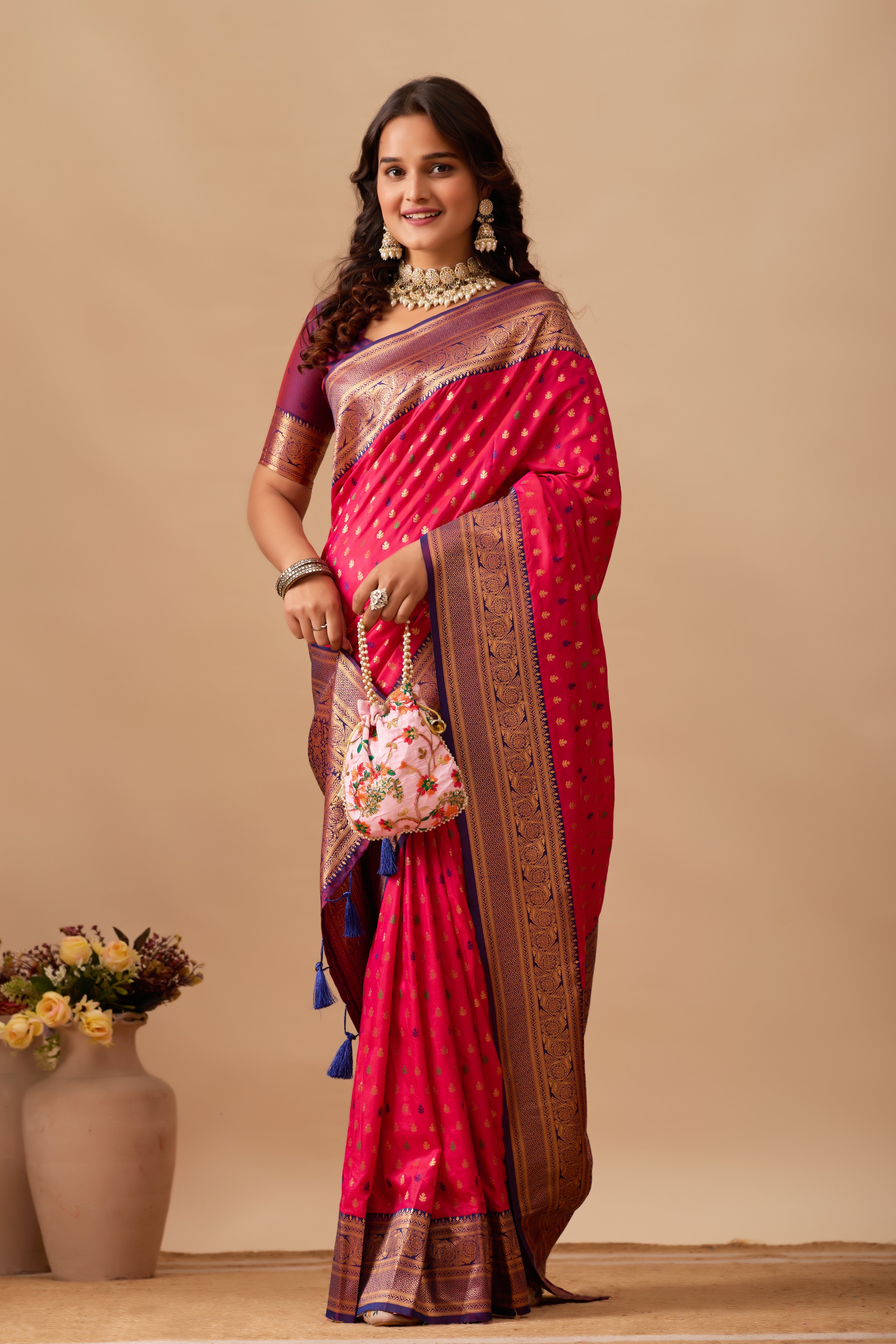 Enchanted Weaves Banarasi Silk Saree in Dark Rani & Navy Blue Tones