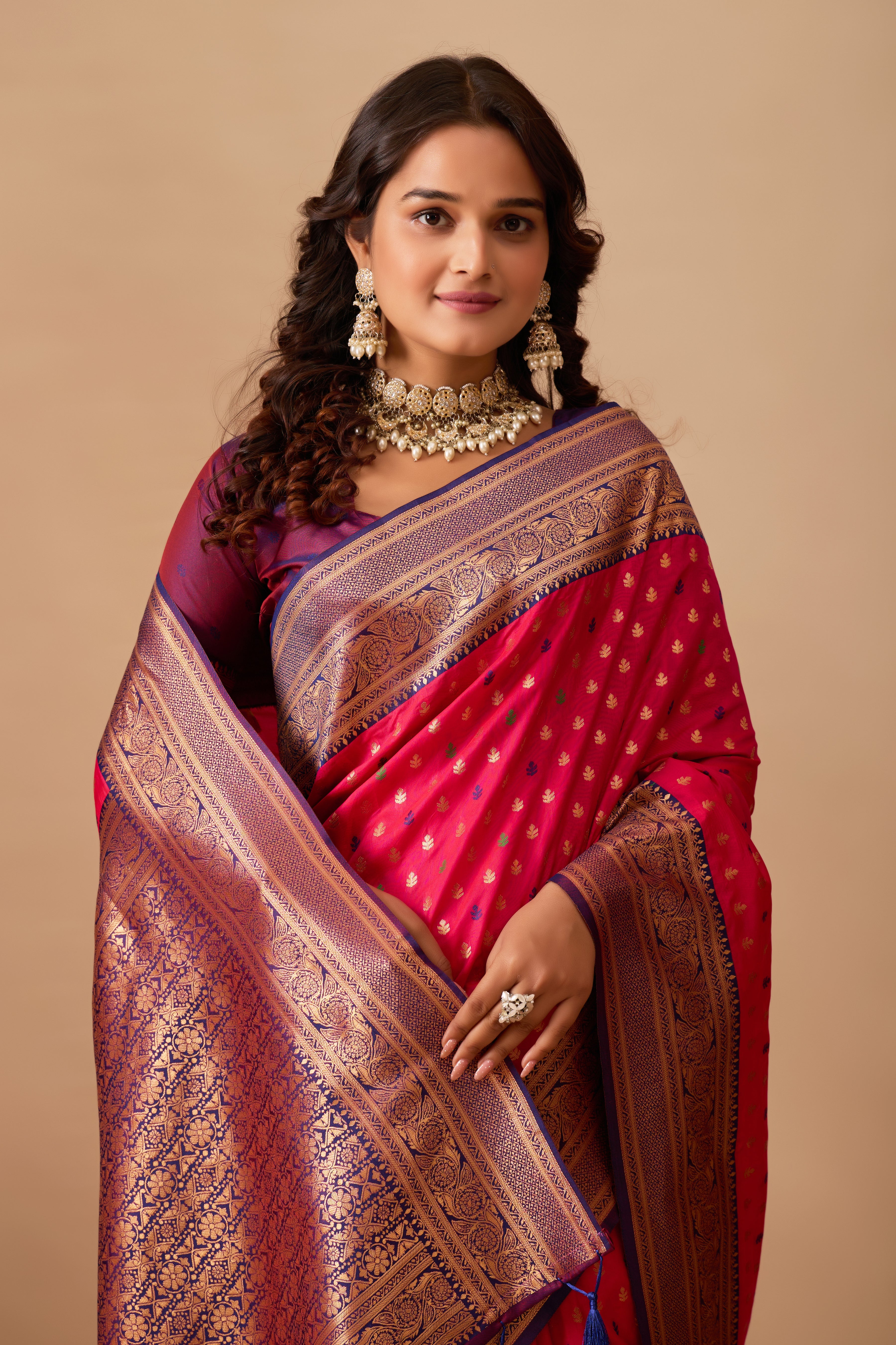 Enchanted Weaves Banarasi Silk Saree in Dark Rani & Navy Blue Tones