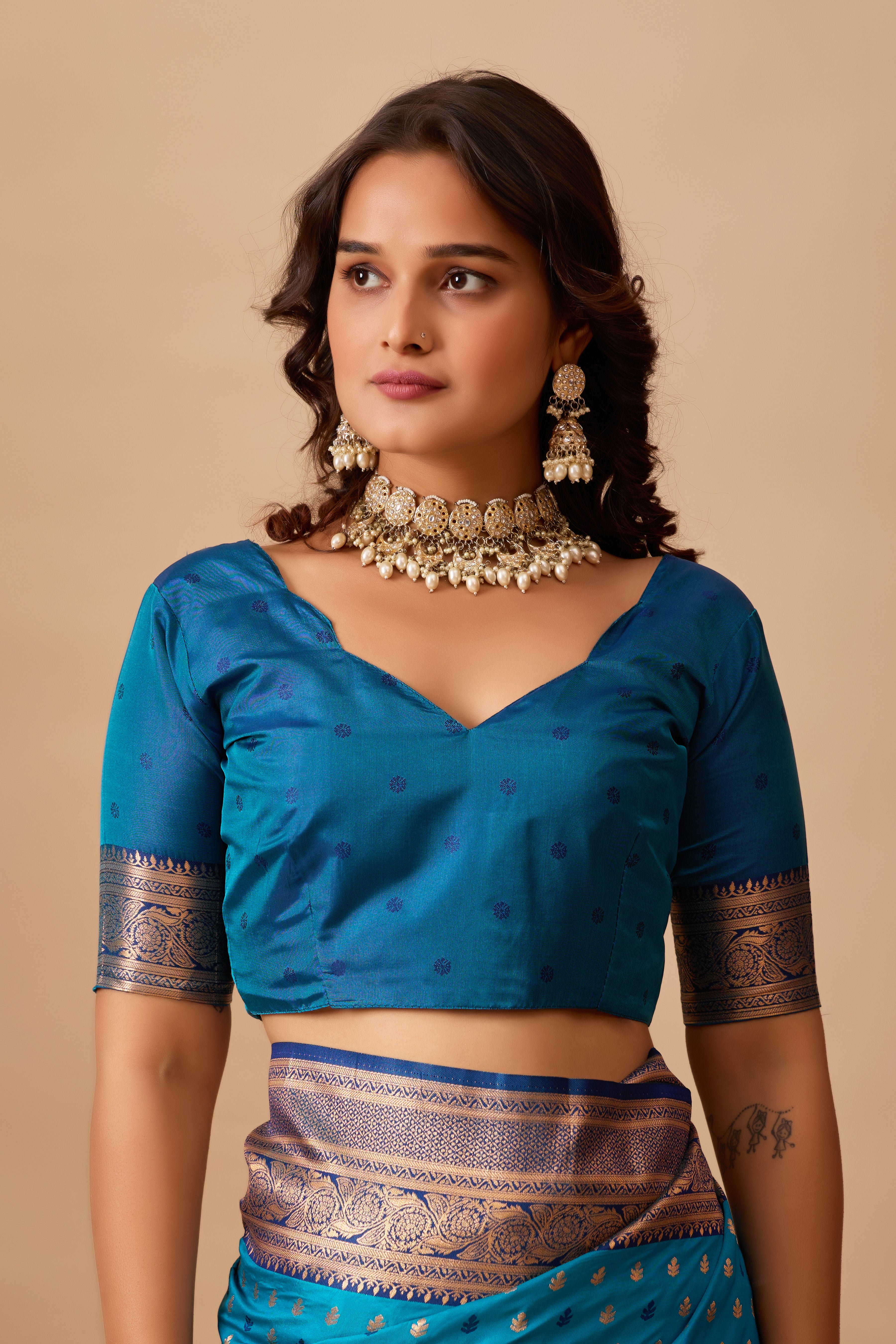 Enchanted Weaves Banarasi Silk Saree in Rama & Navy Blue Tones