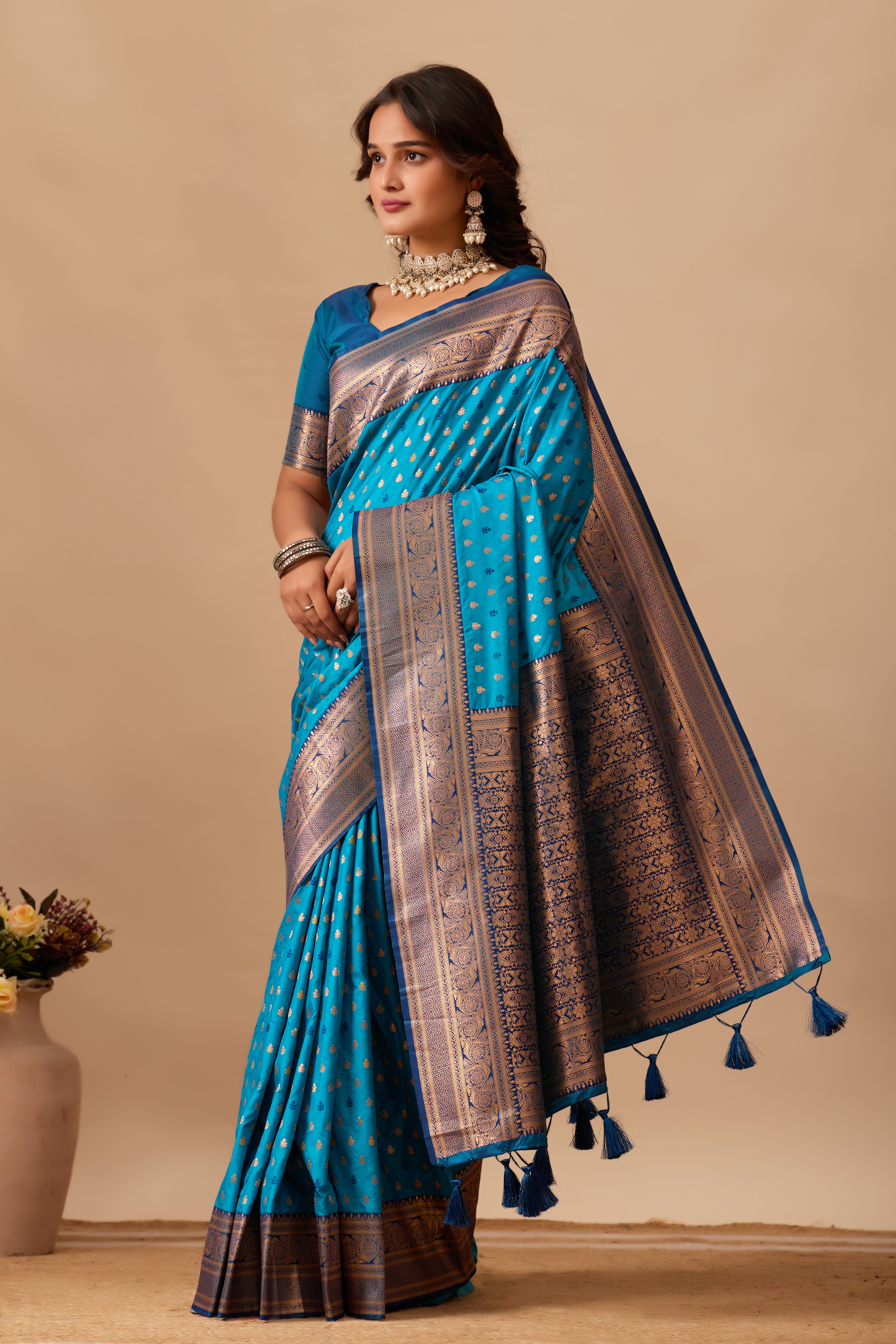 Enchanted Weaves Banarasi Silk Saree in Rama & Navy Blue Tones