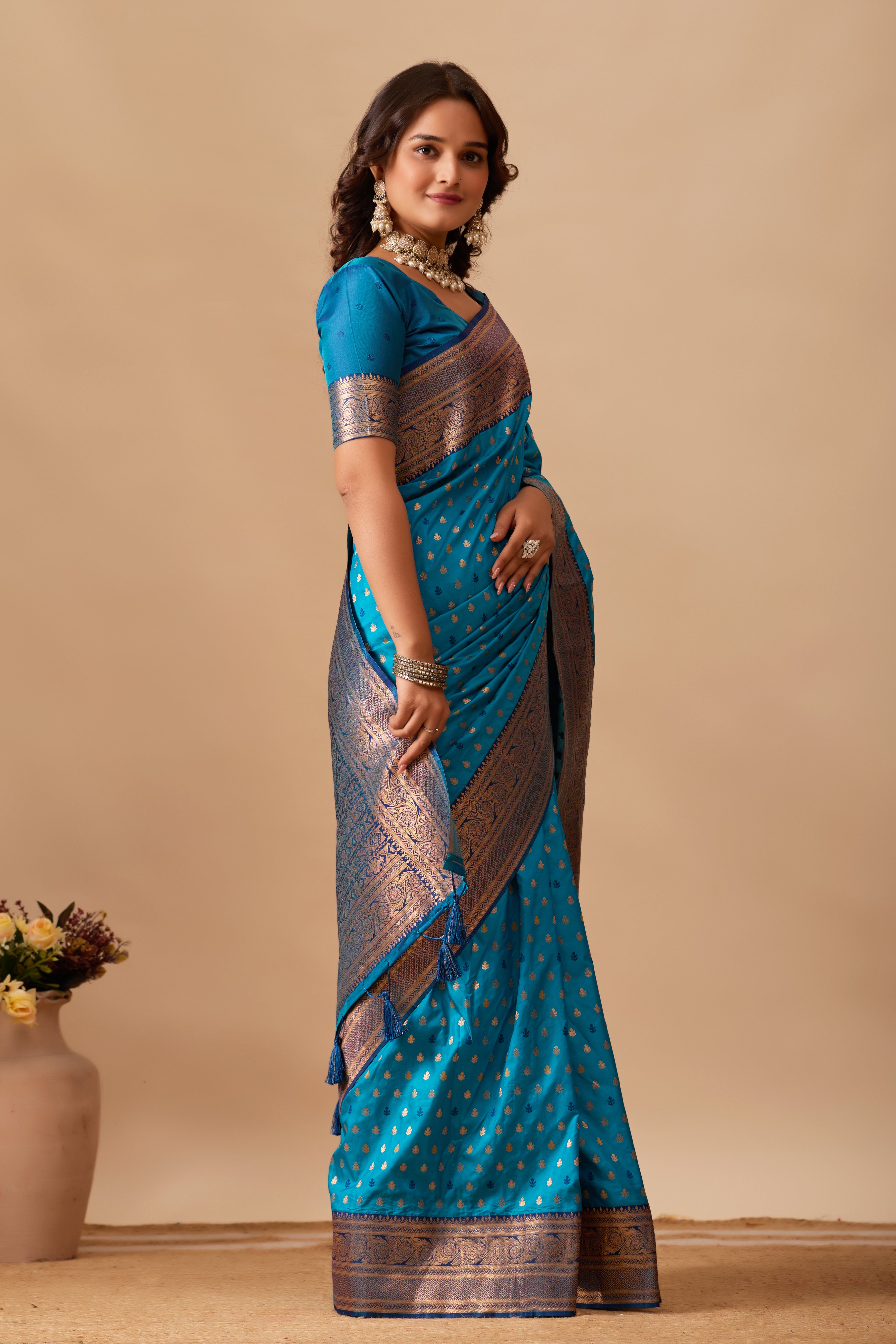Enchanted Weaves Banarasi Silk Saree in Rama & Navy Blue Tones