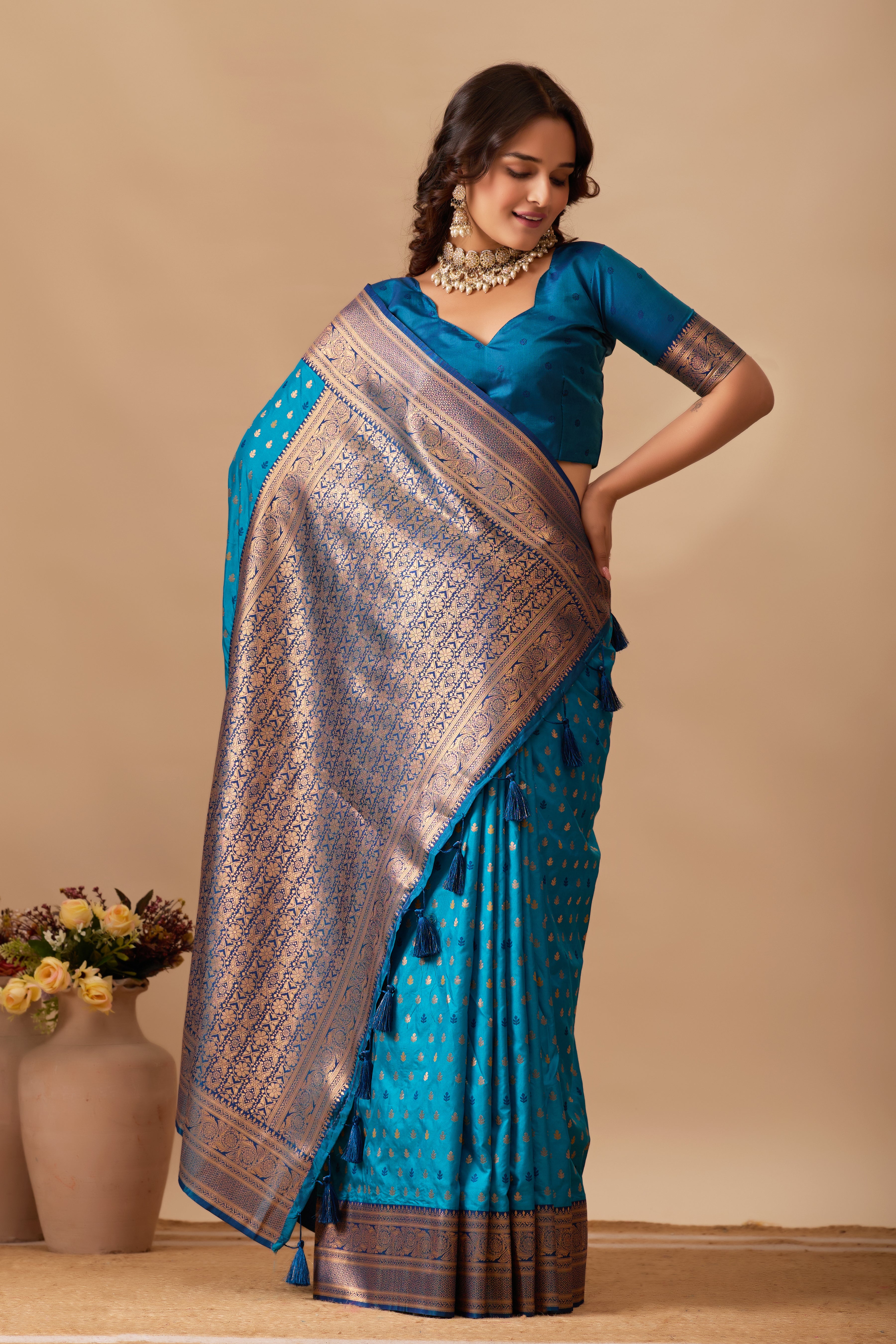 Enchanted Weaves Banarasi Silk Saree in Rama & Navy Blue Tones