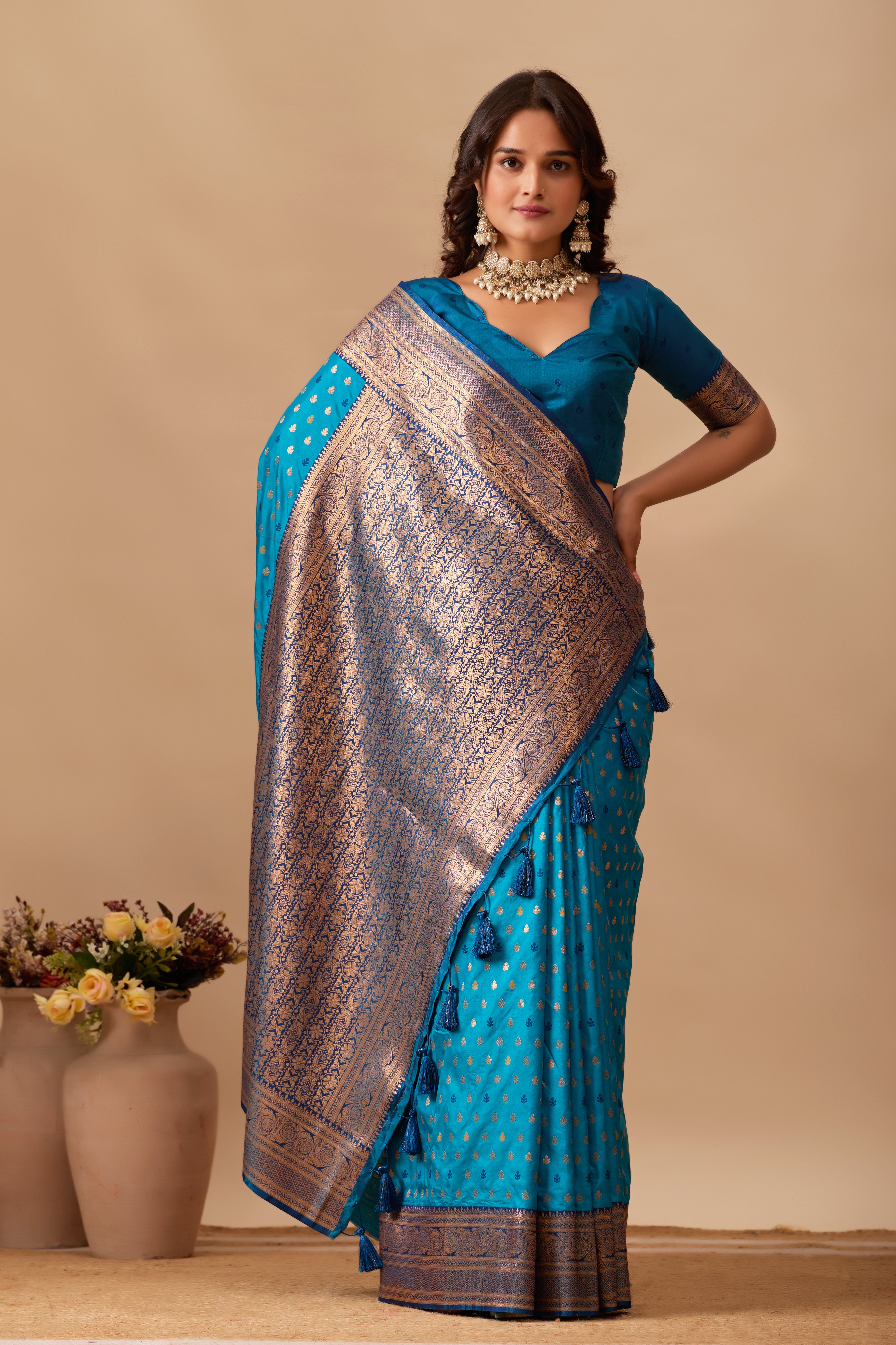 Enchanted Weaves Banarasi Silk Saree in Rama & Navy Blue Tones