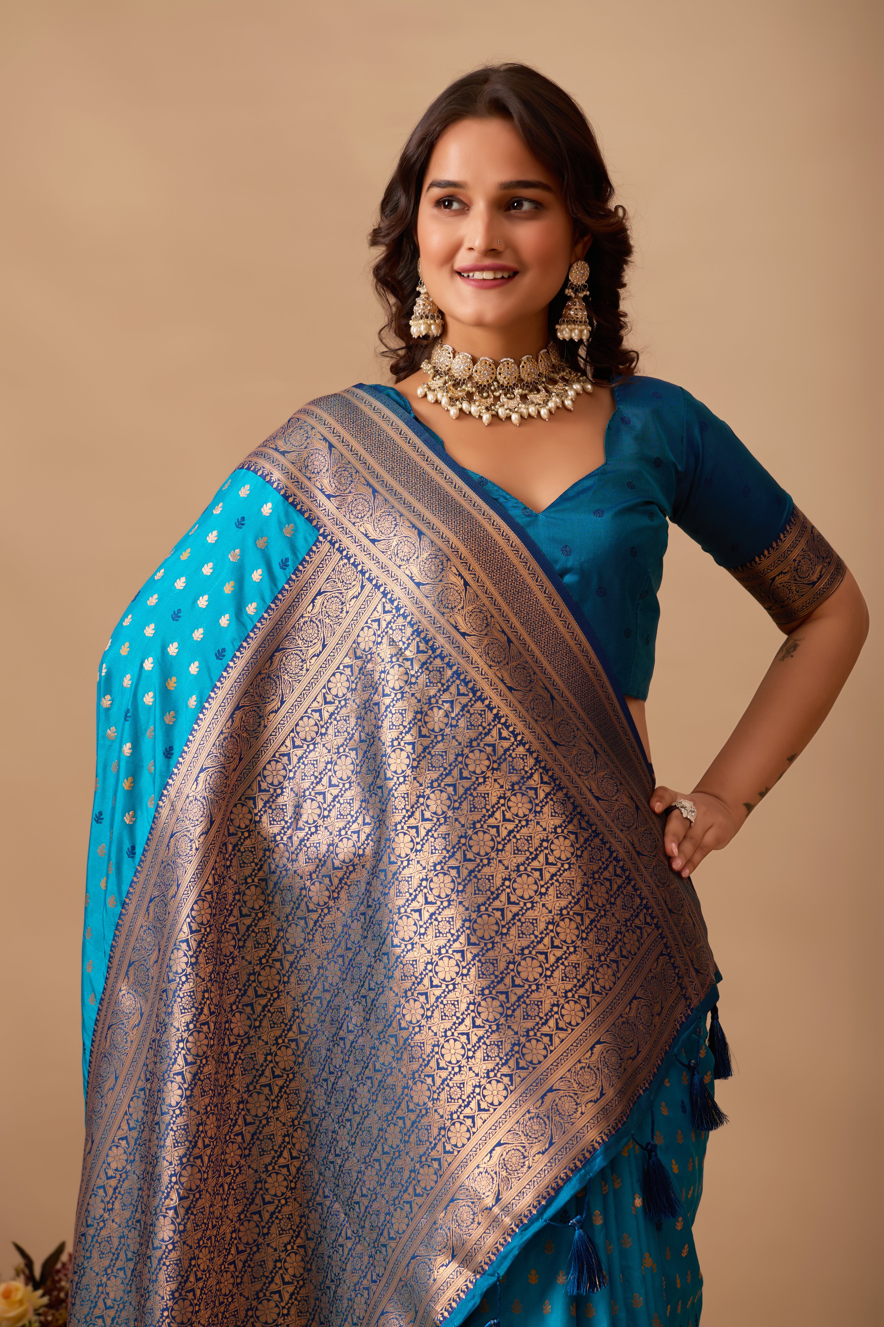 Enchanted Weaves Banarasi Silk Saree in Rama & Navy Blue Tones