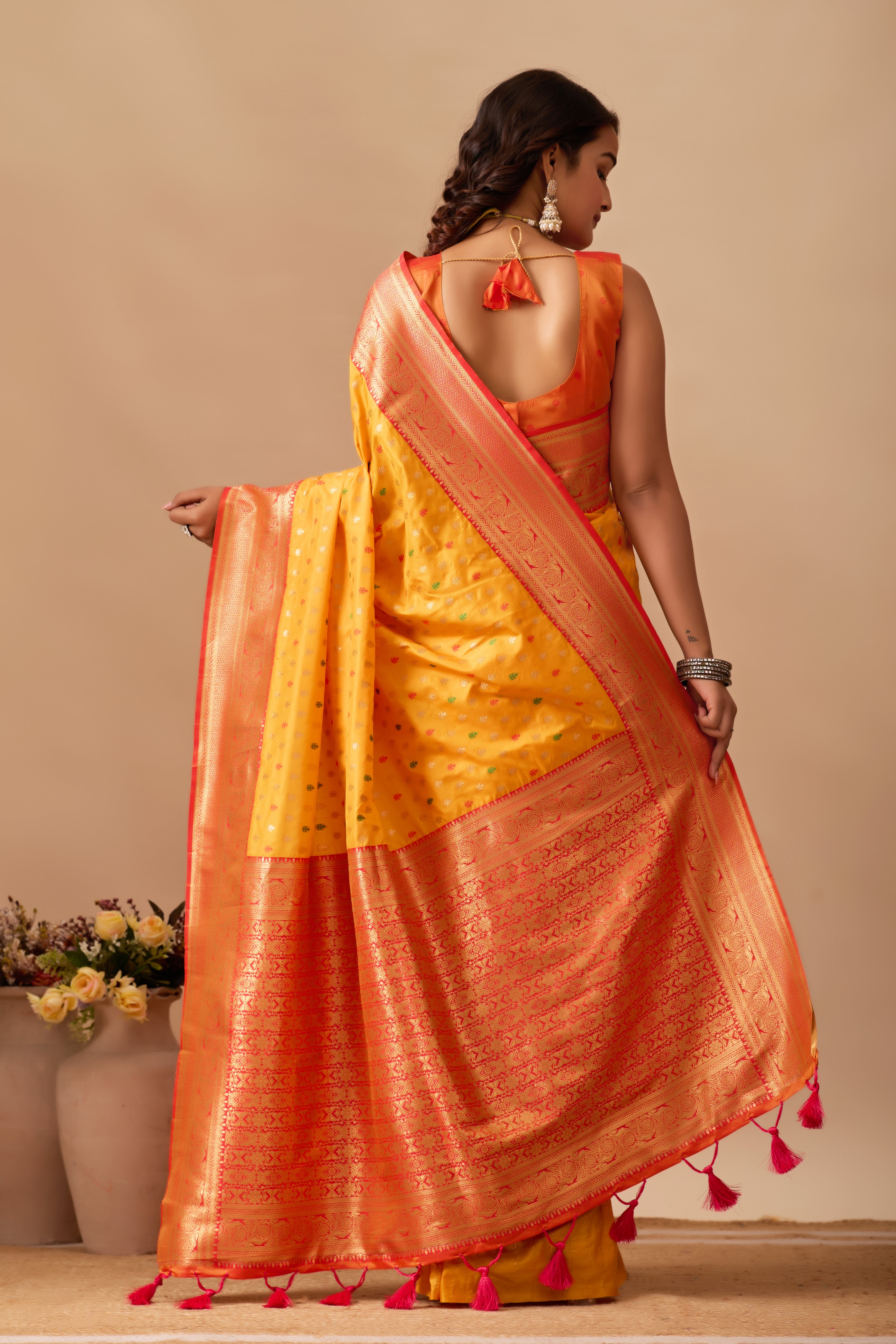 Enchanted Weaves Banarasi Silk Saree in Gold & Red Tones