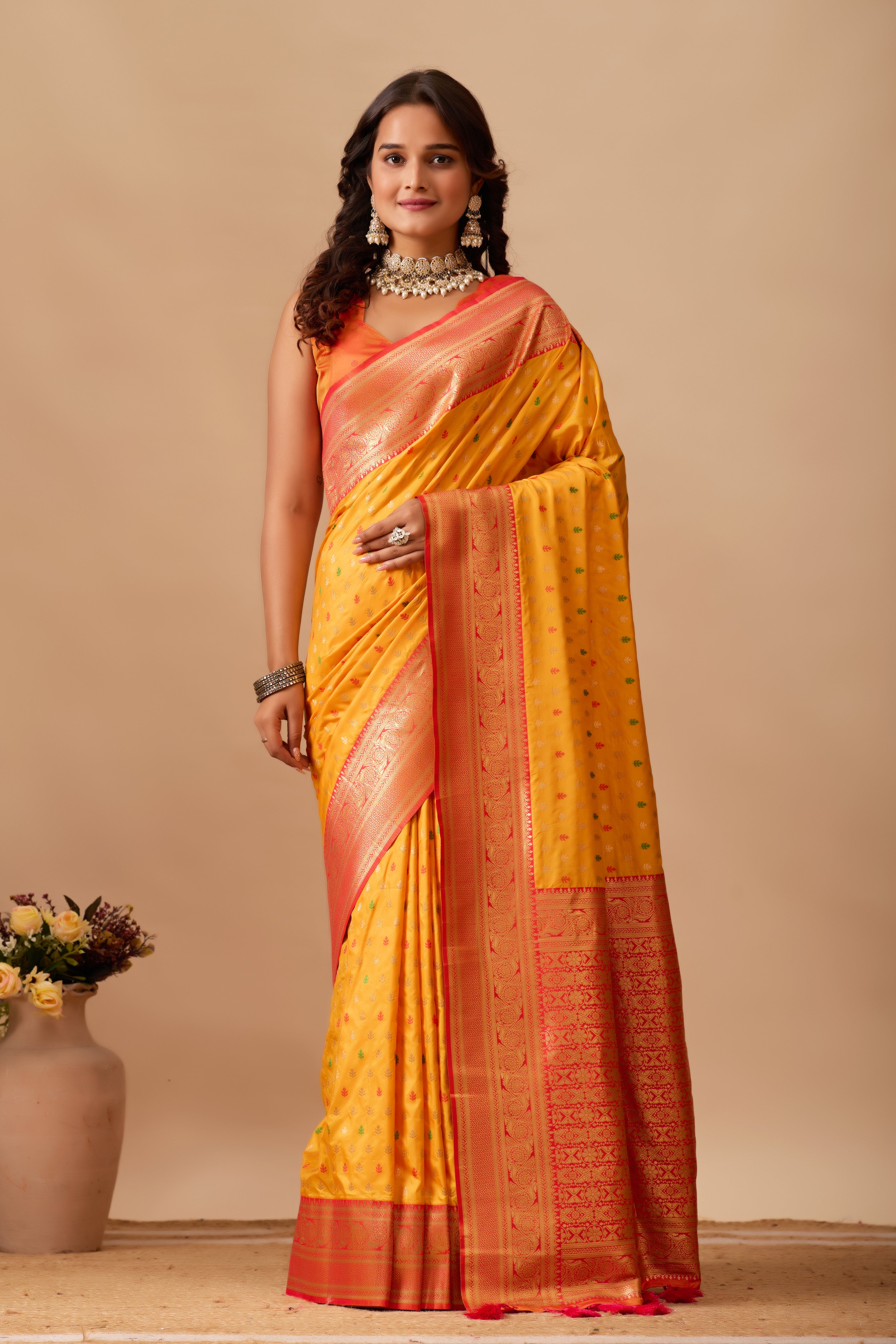 Enchanted Weaves Banarasi Silk Saree in Gold & Red Tones