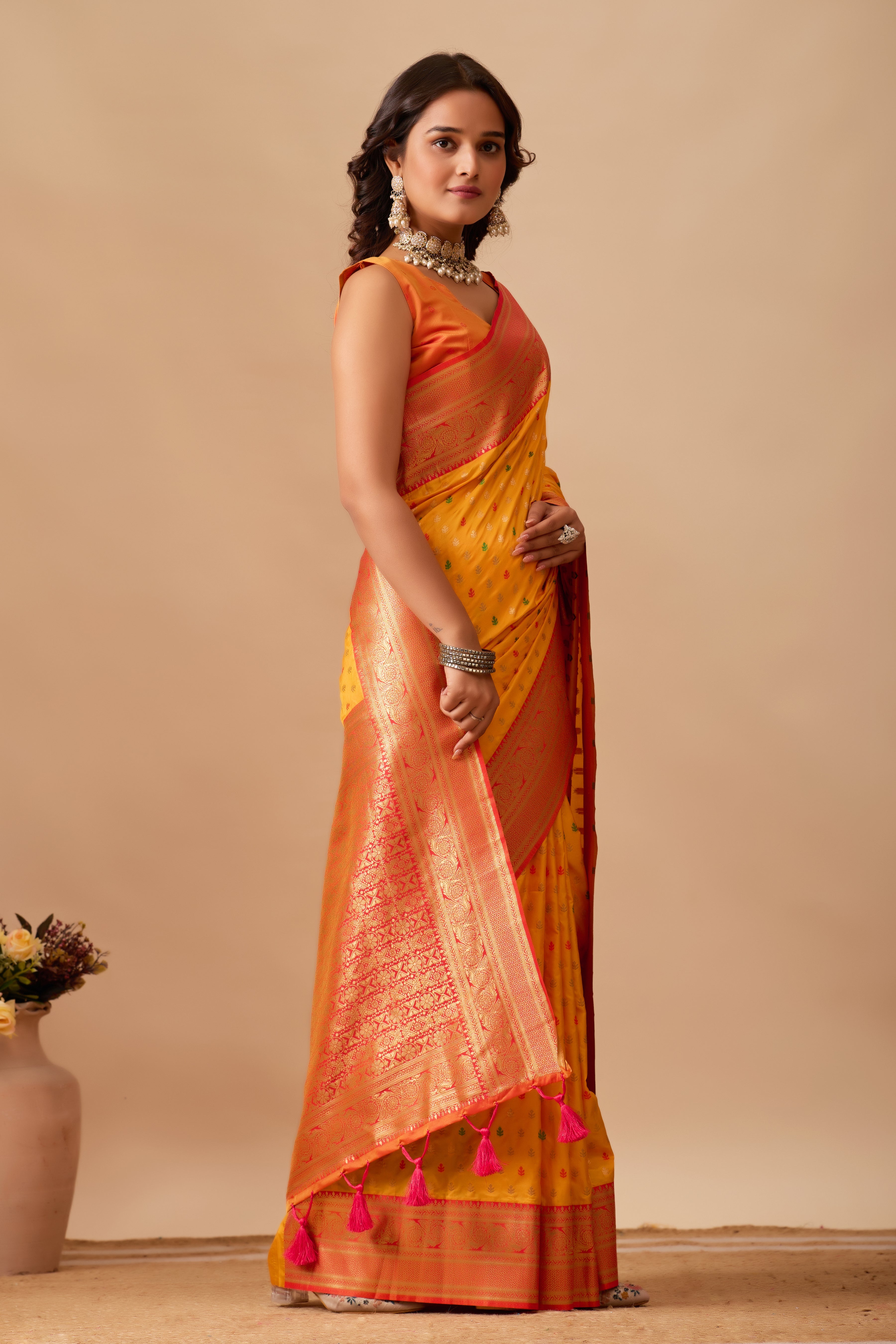Enchanted Weaves Banarasi Silk Saree in Gold & Red Tones