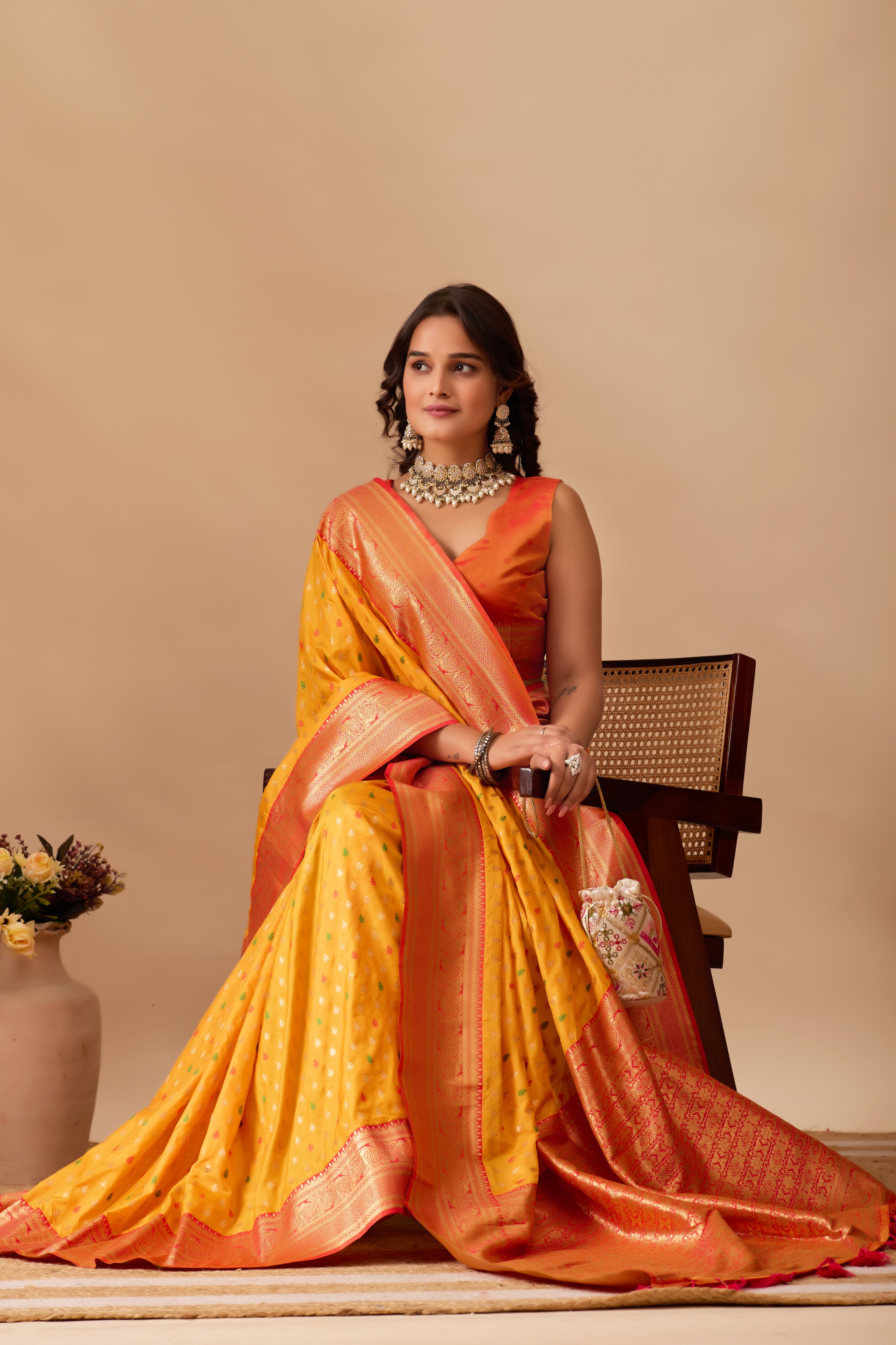 Enchanted Weaves Banarasi Silk Saree in Gold & Red Tones