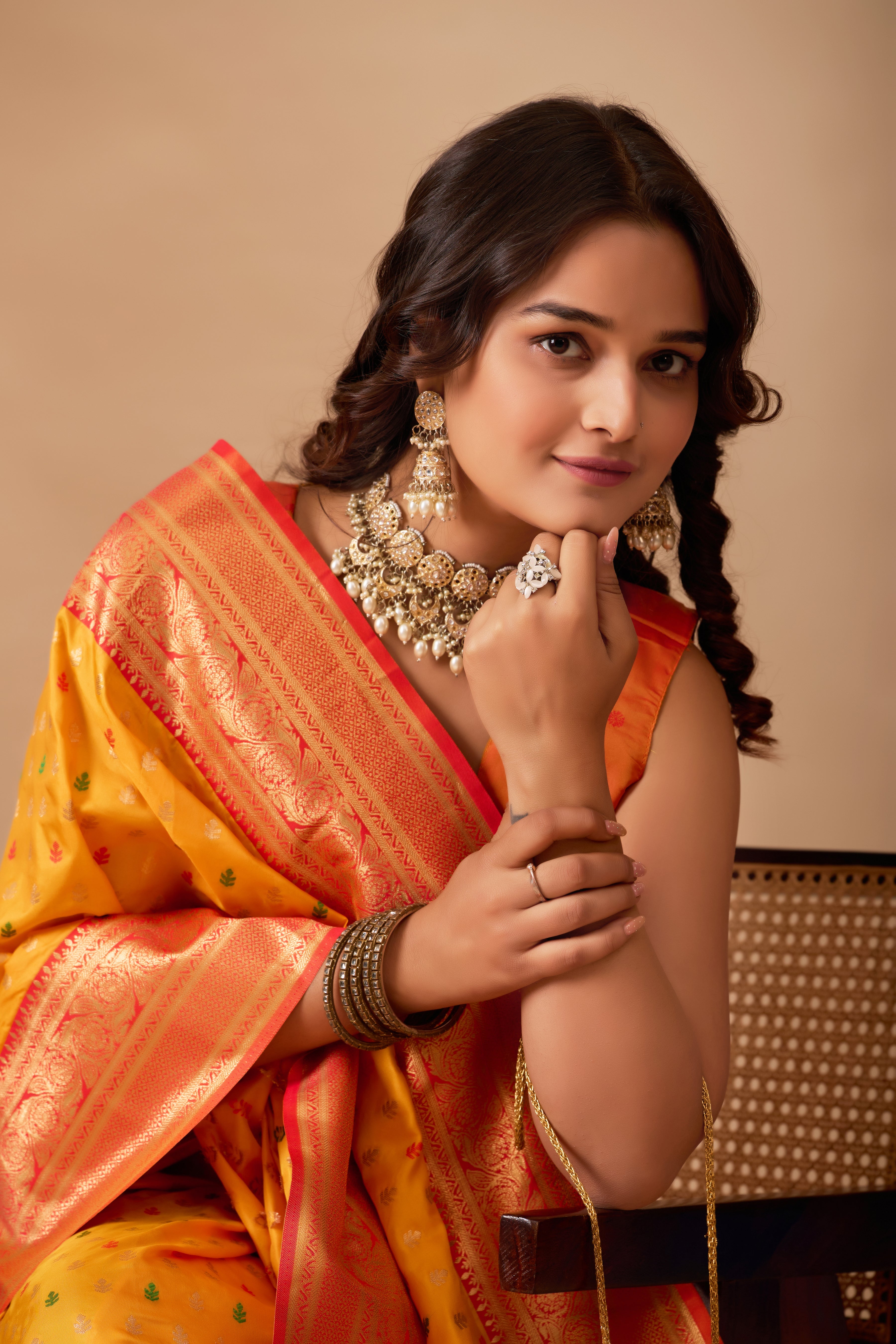 Enchanted Weaves Banarasi Silk Saree in Gold & Red Tones