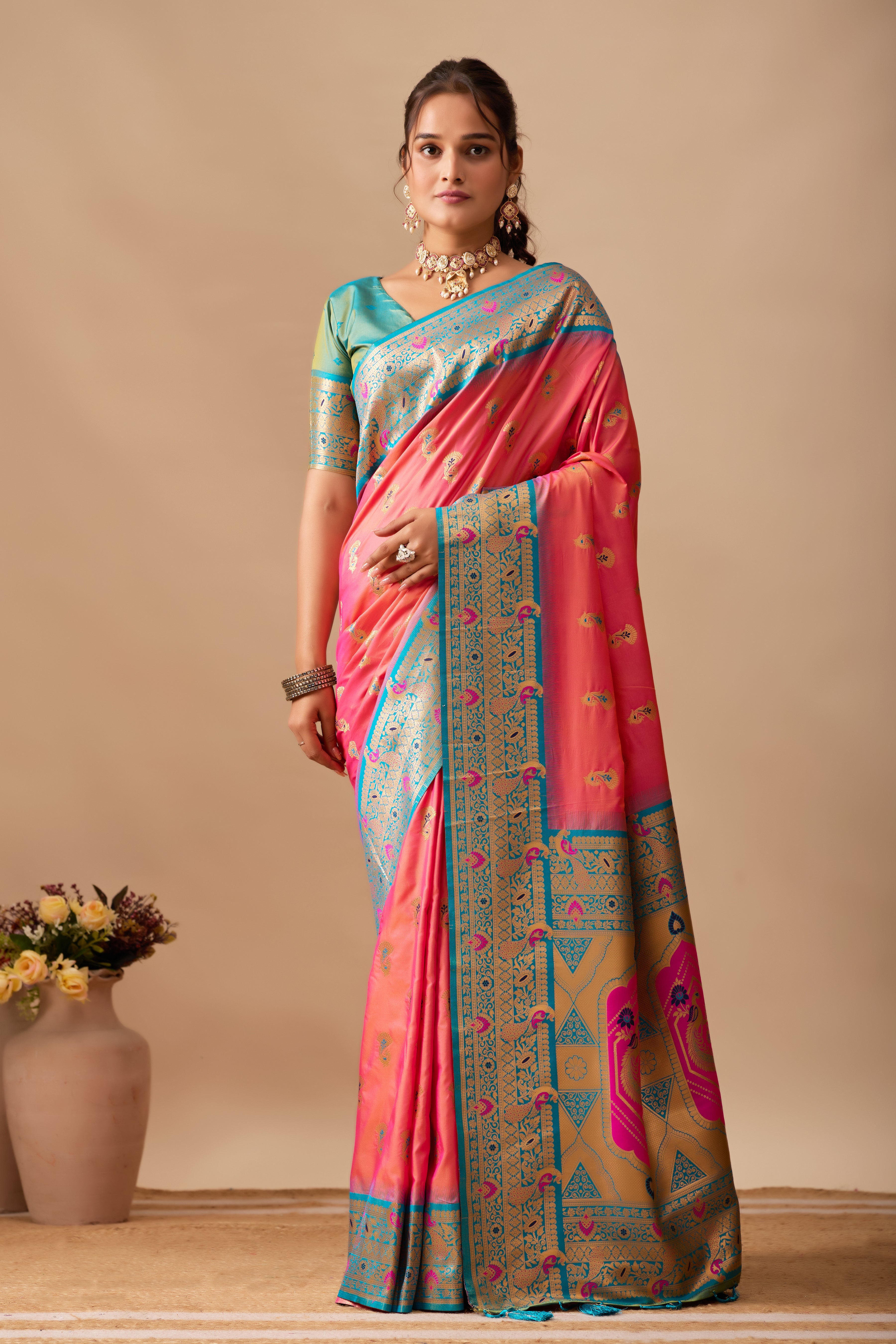 The Heritage Peacock Banarasi Silk Saree in Pink