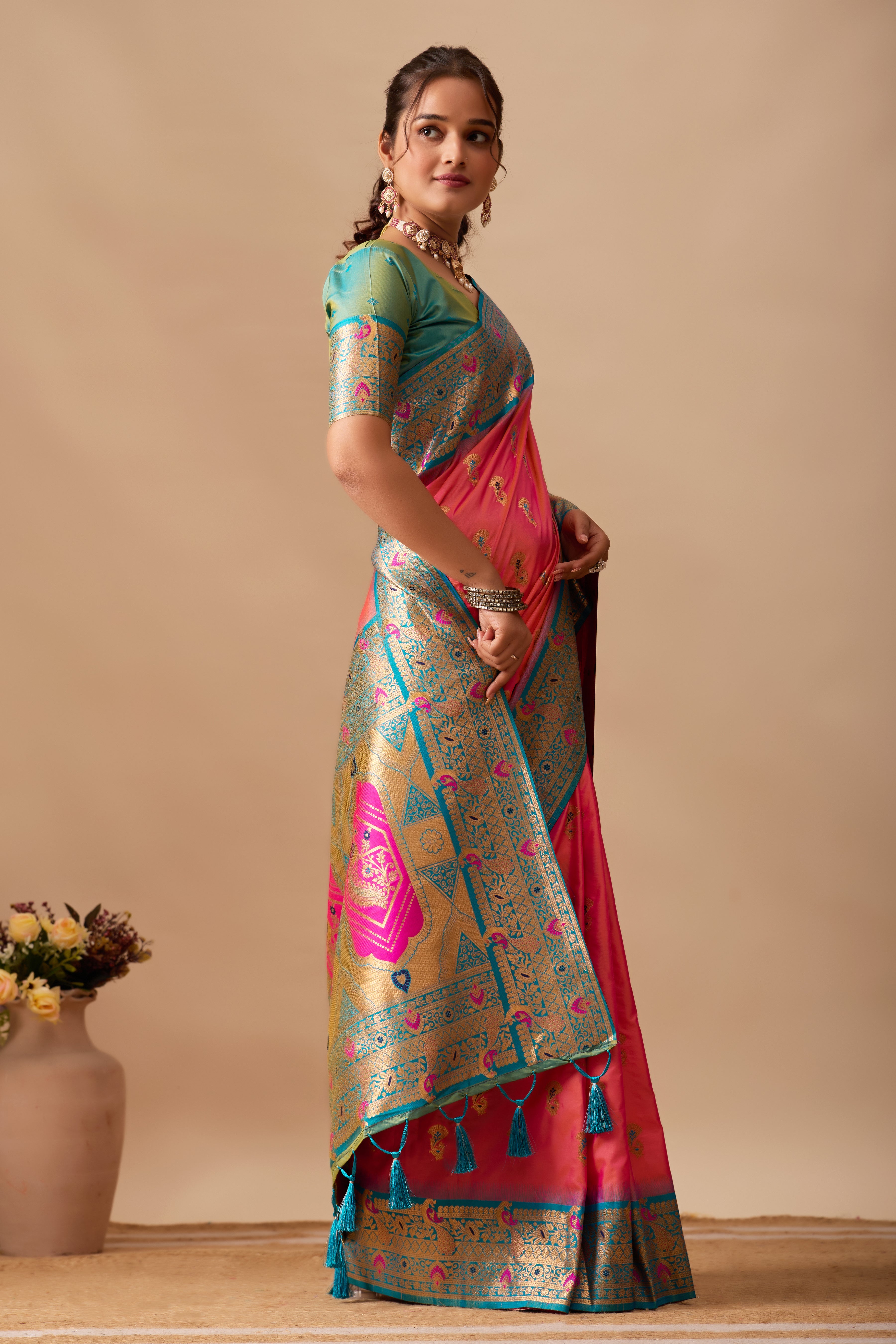 The Heritage Peacock Banarasi Silk Saree in Pink
