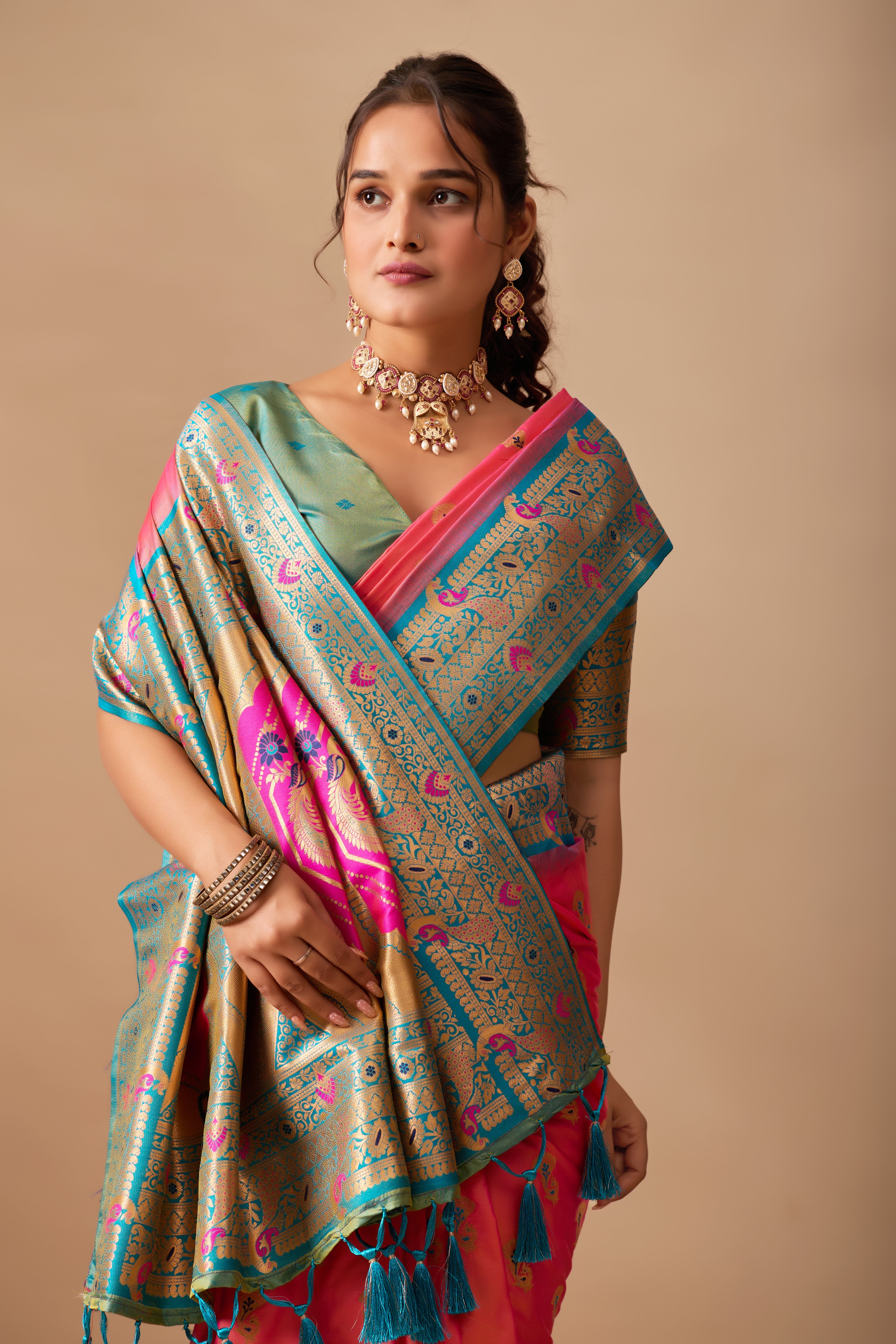 The Heritage Peacock Banarasi Silk Saree in Pink