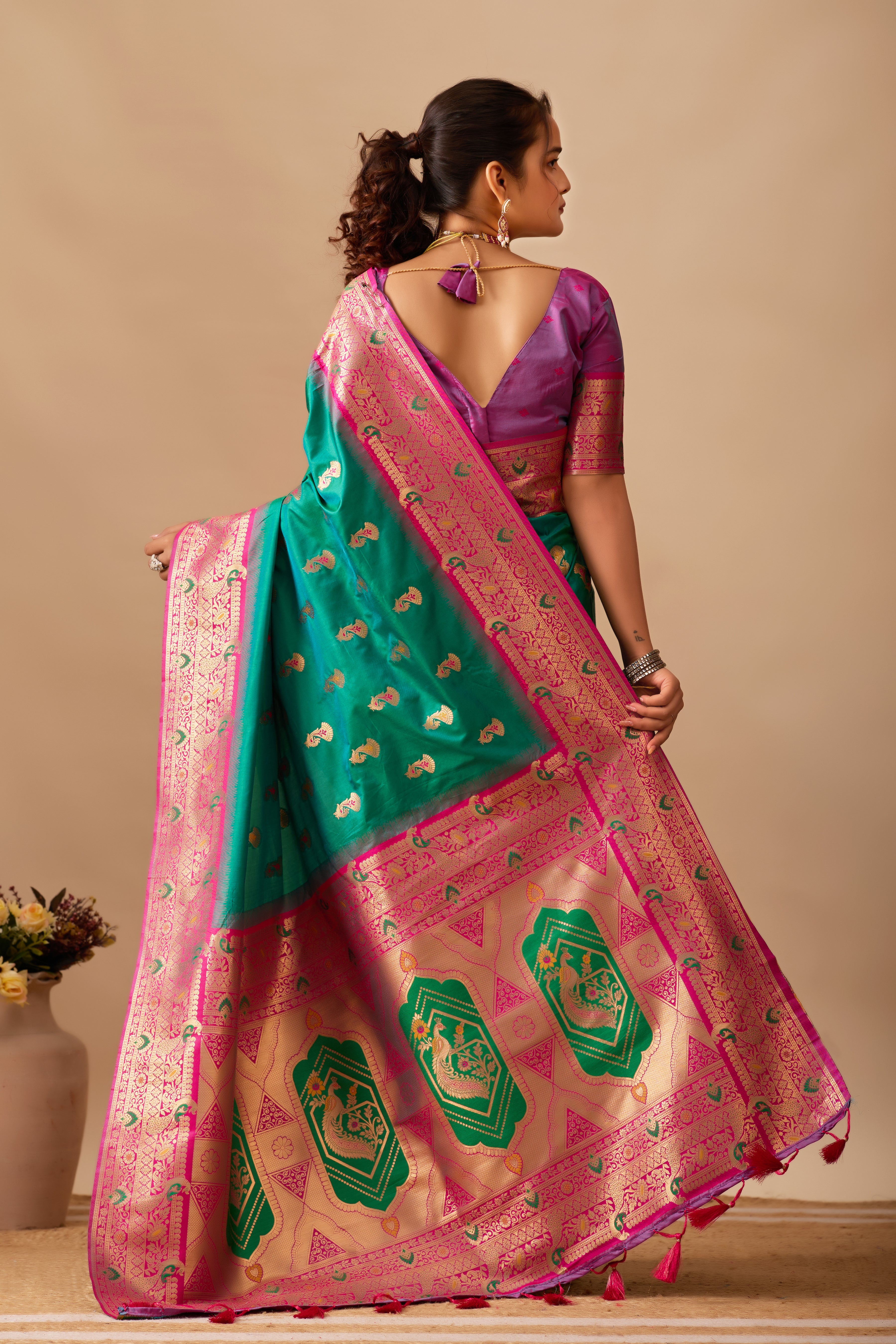 The Heritage Peacock Banarasi Silk Saree in Parrot Green