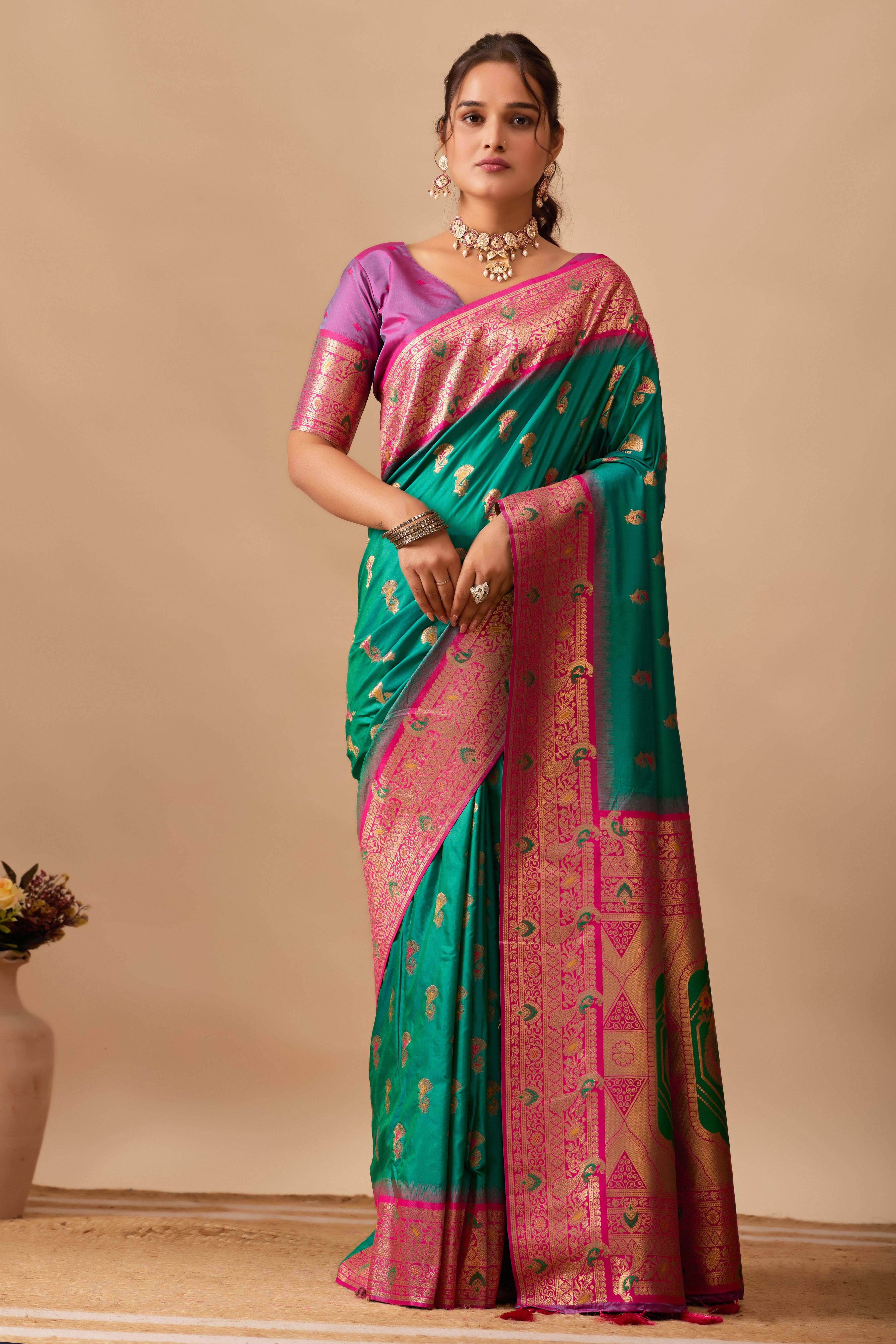 The Heritage Peacock Banarasi Silk Saree in Parrot Green
