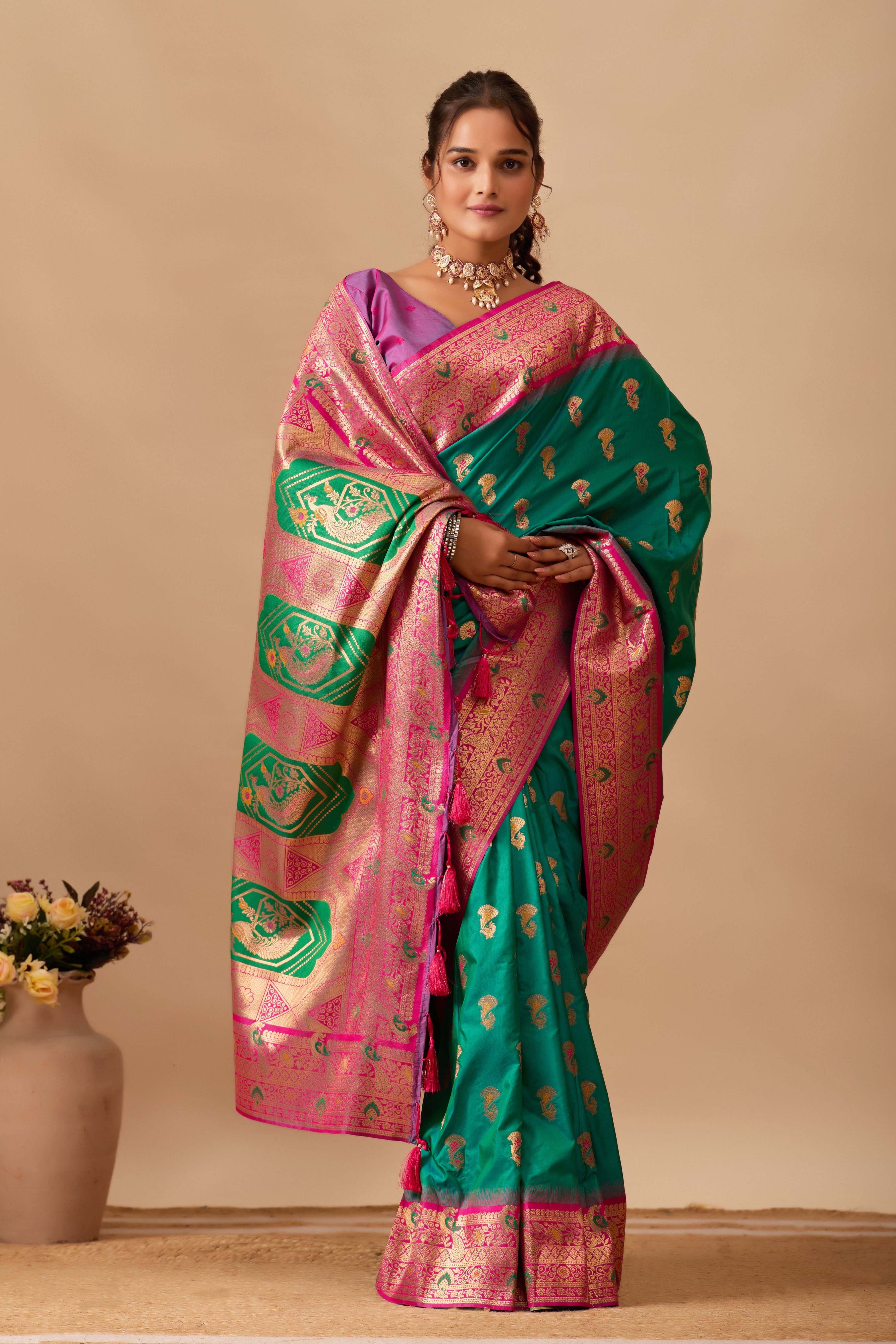 The Heritage Peacock Banarasi Silk Saree in Parrot Green
