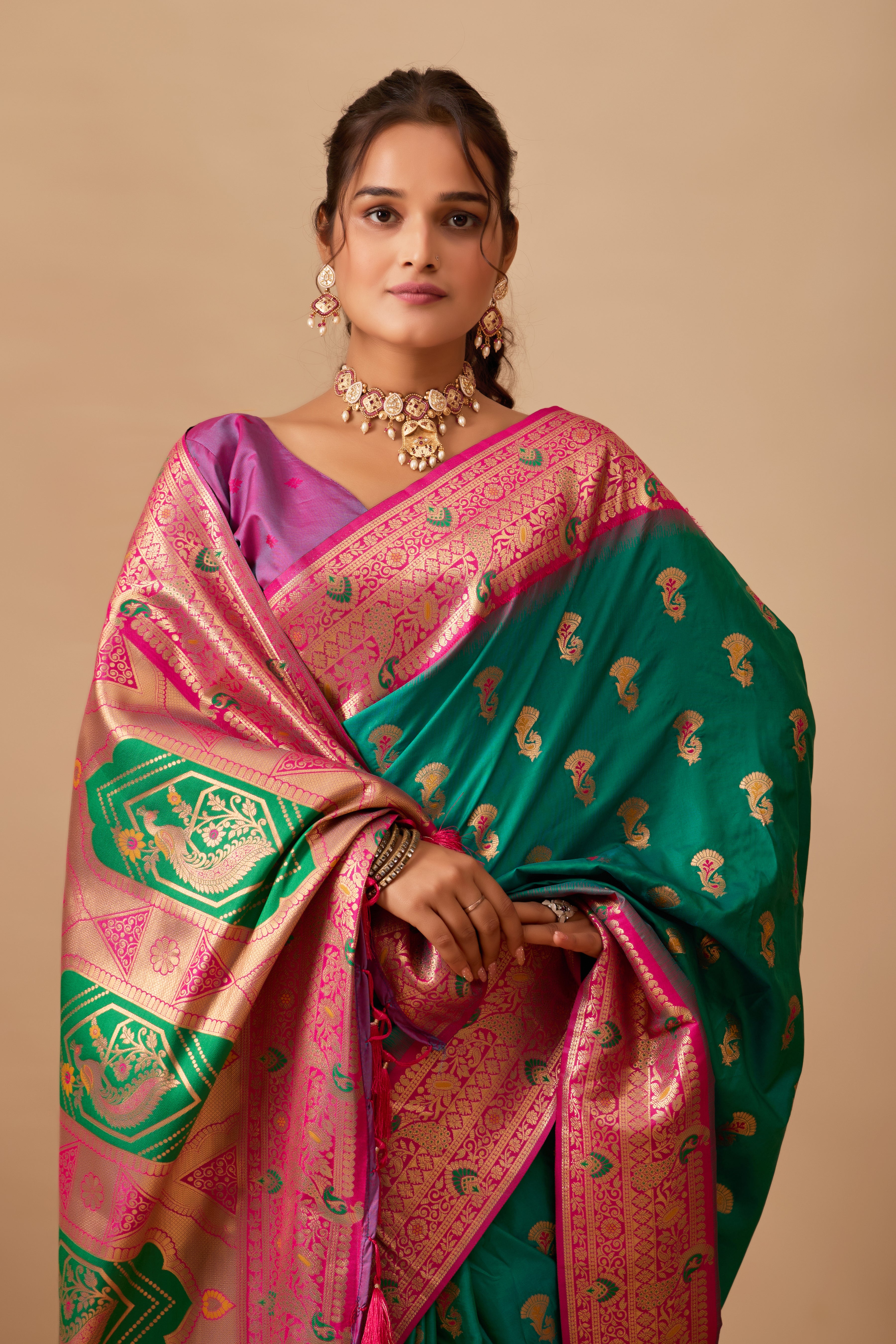 The Heritage Peacock Banarasi Silk Saree in Parrot Green