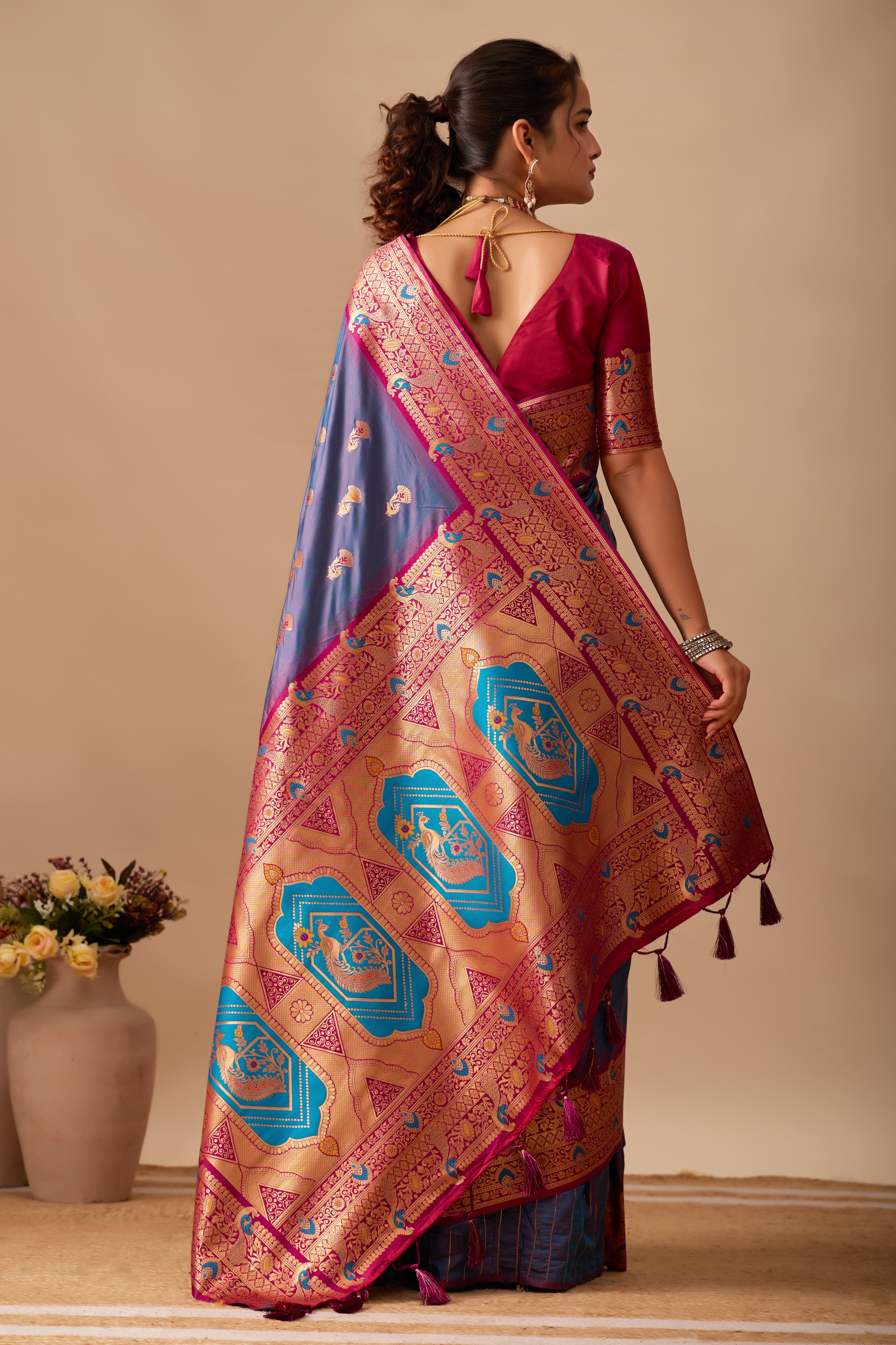 The Heritage Peacock Banarasi Silk Saree in DUSTY Rama
