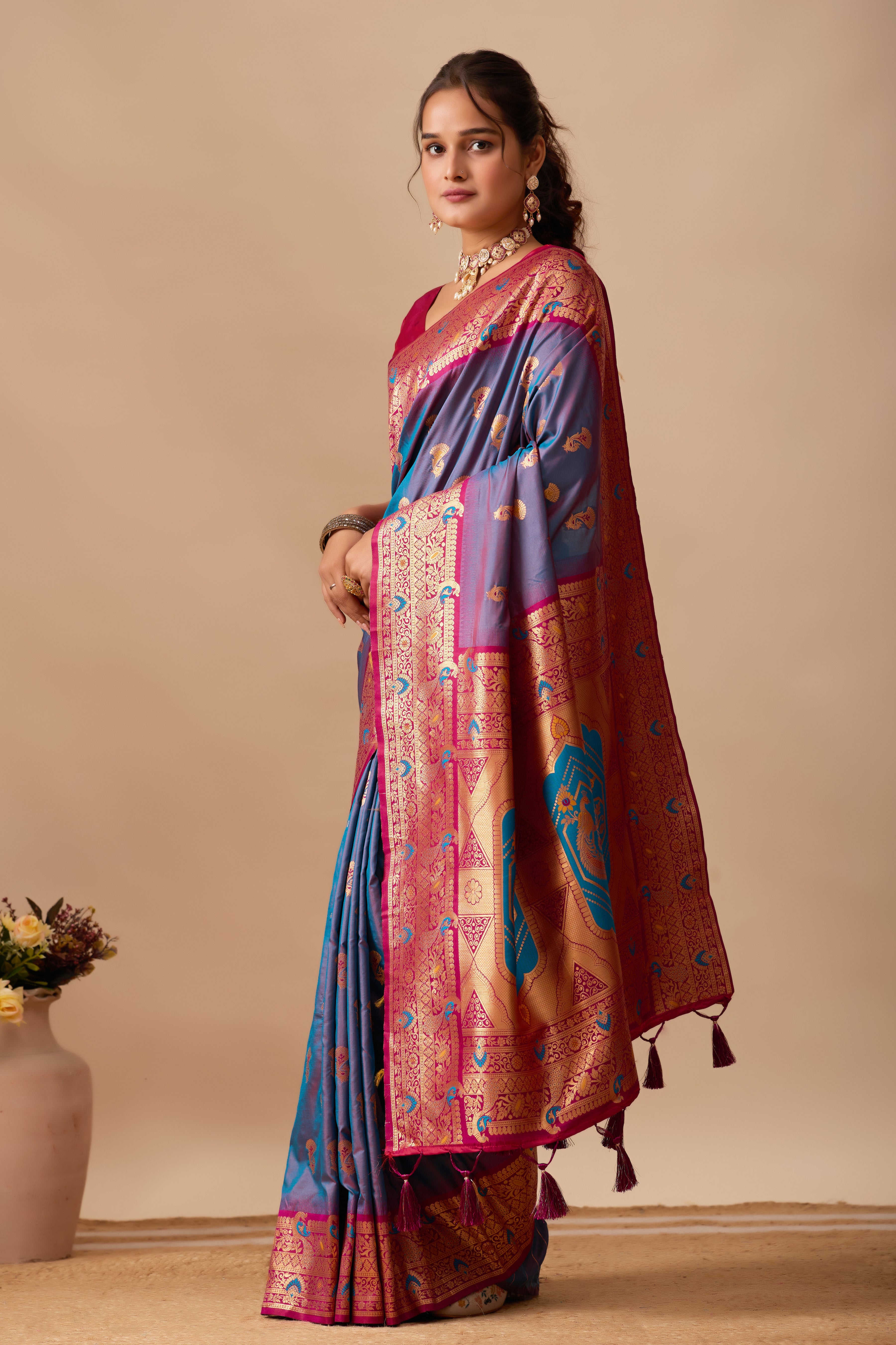 The Heritage Peacock Banarasi Silk Saree in DUSTY Rama