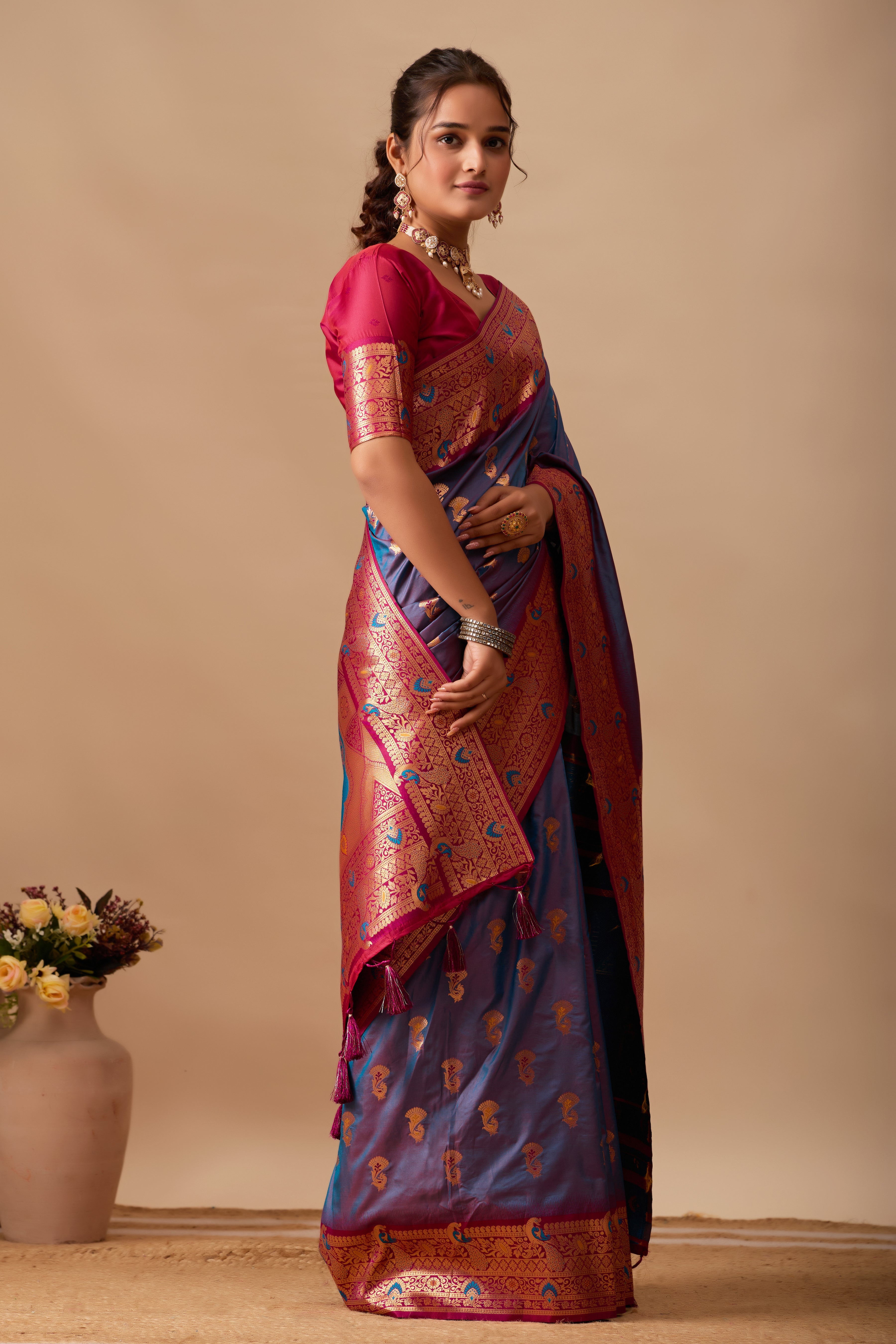 The Heritage Peacock Banarasi Silk Saree in DUSTY Rama