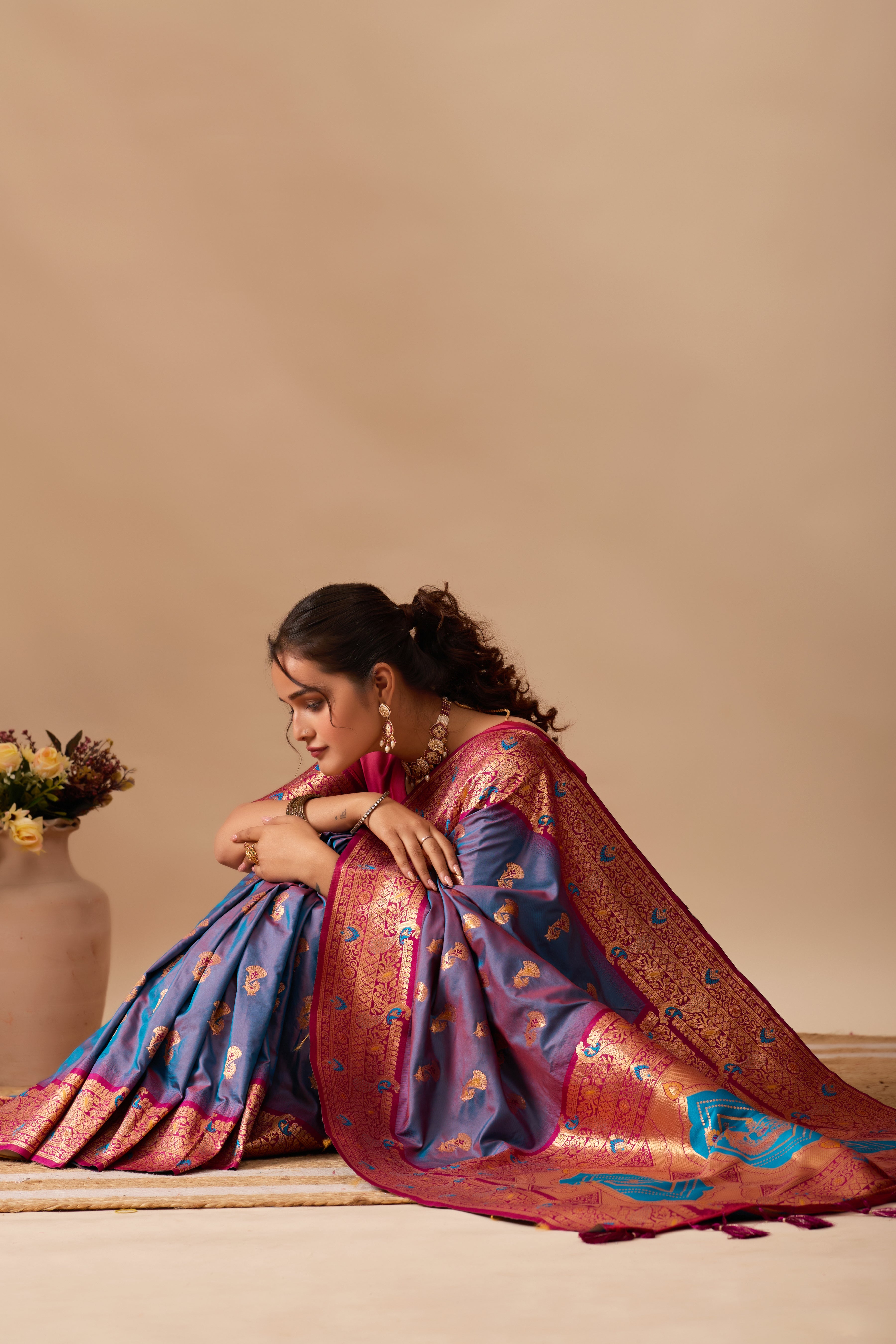 The Heritage Peacock Banarasi Silk Saree in DUSTY Rama
