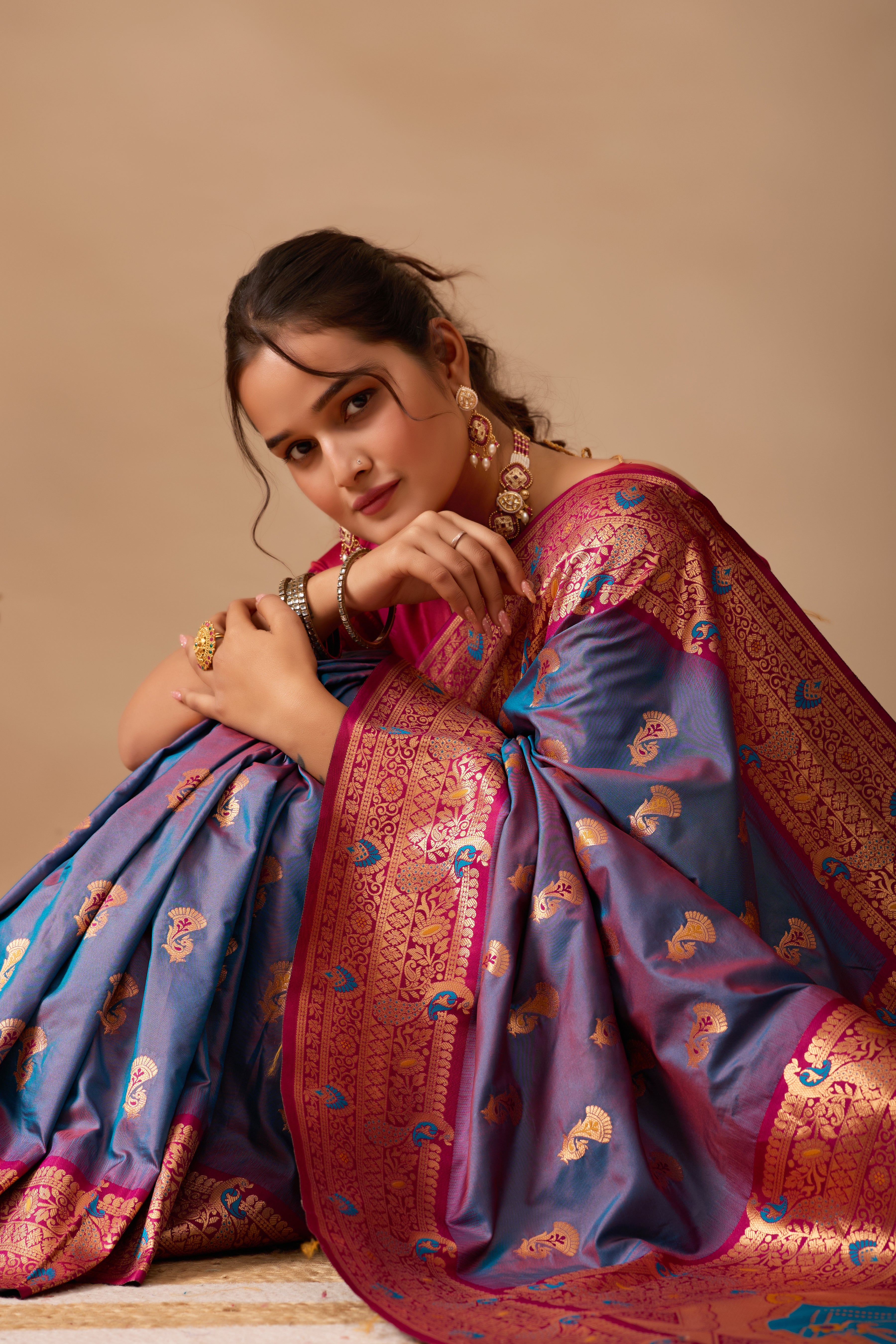 The Heritage Peacock Banarasi Silk Saree in DUSTY Rama
