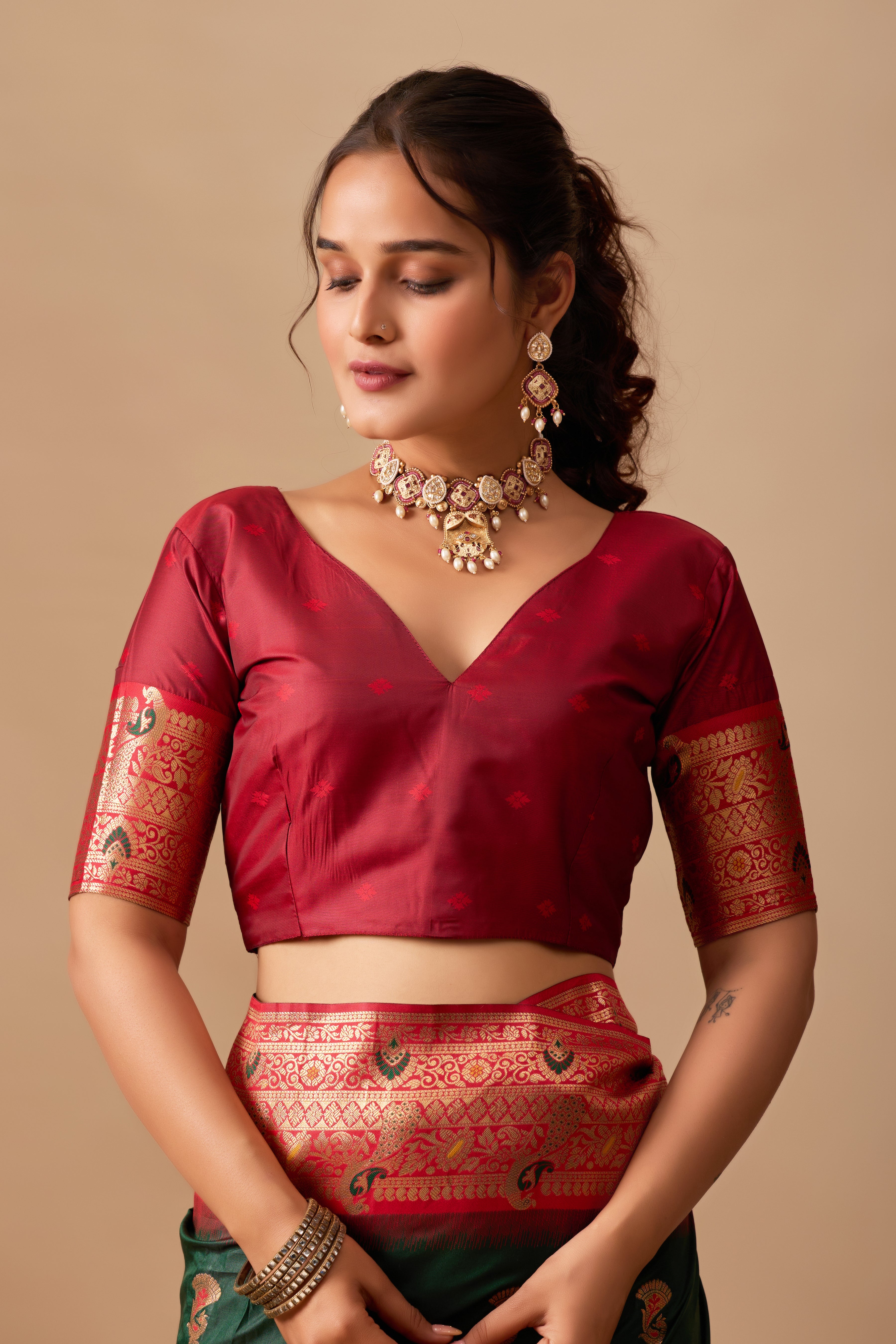 The Heritage Peacock Banarasi Silk Saree in Bottle Green