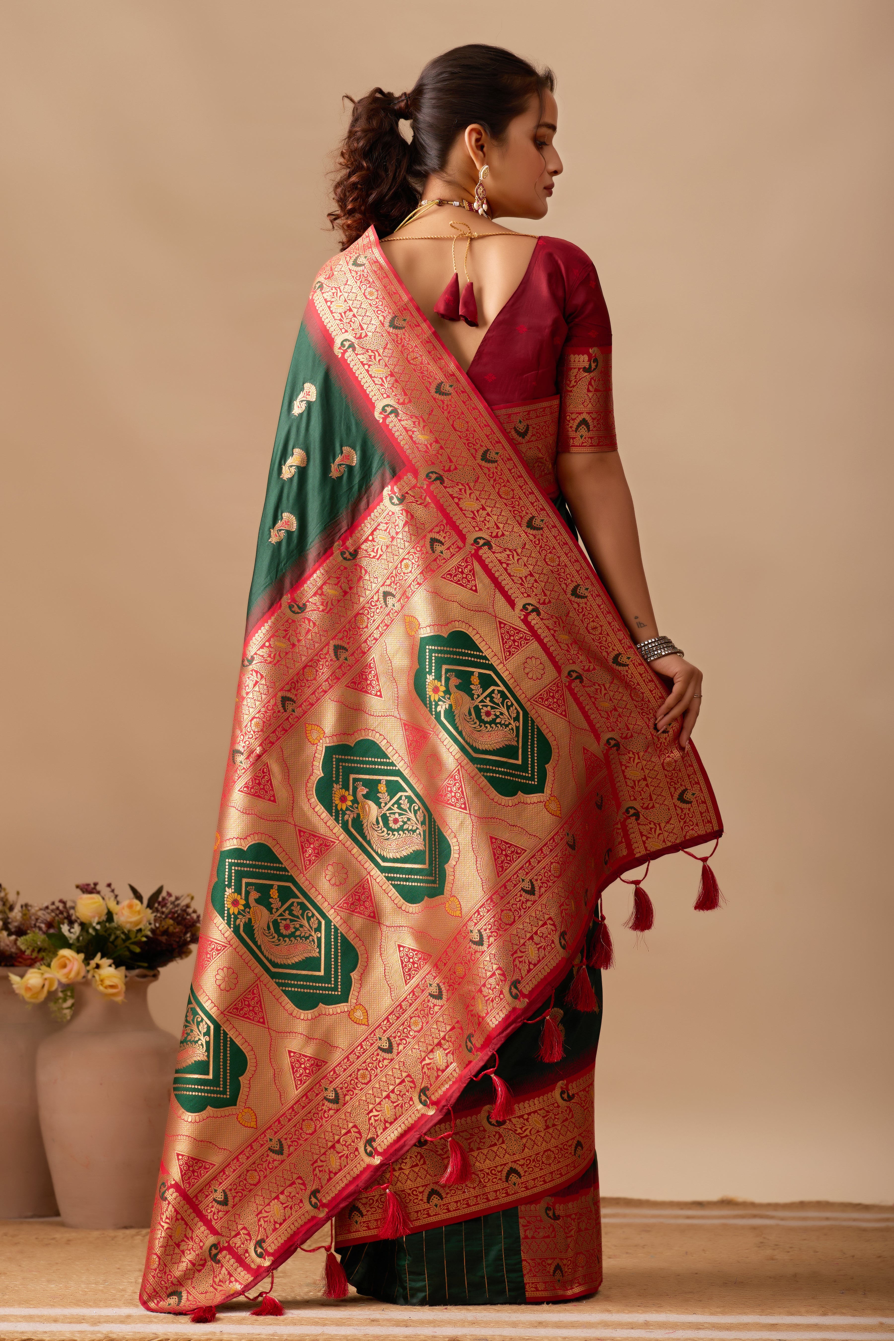 The Heritage Peacock Banarasi Silk Saree in Bottle Green