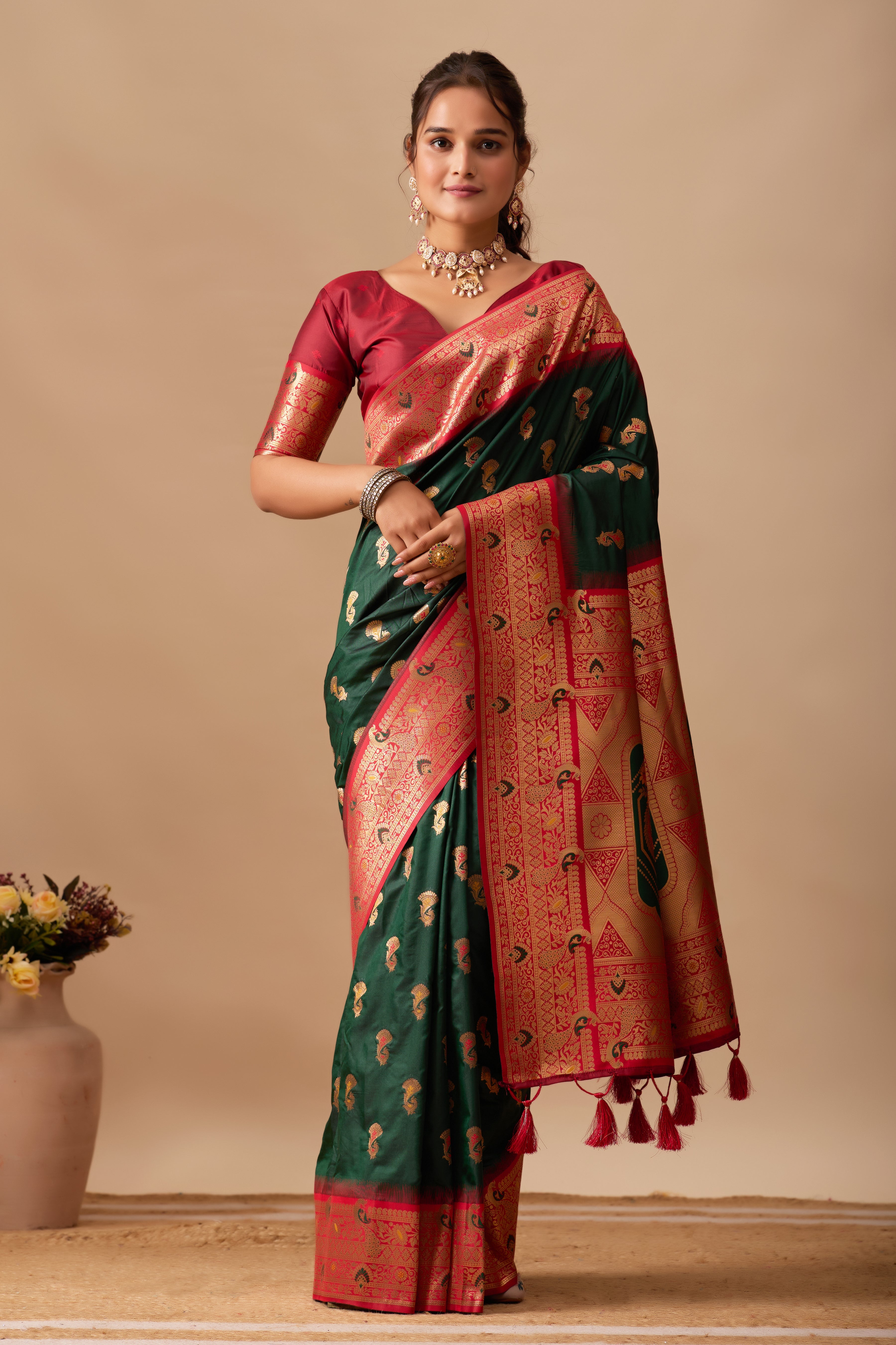 The Heritage Peacock Banarasi Silk Saree in Bottle Green