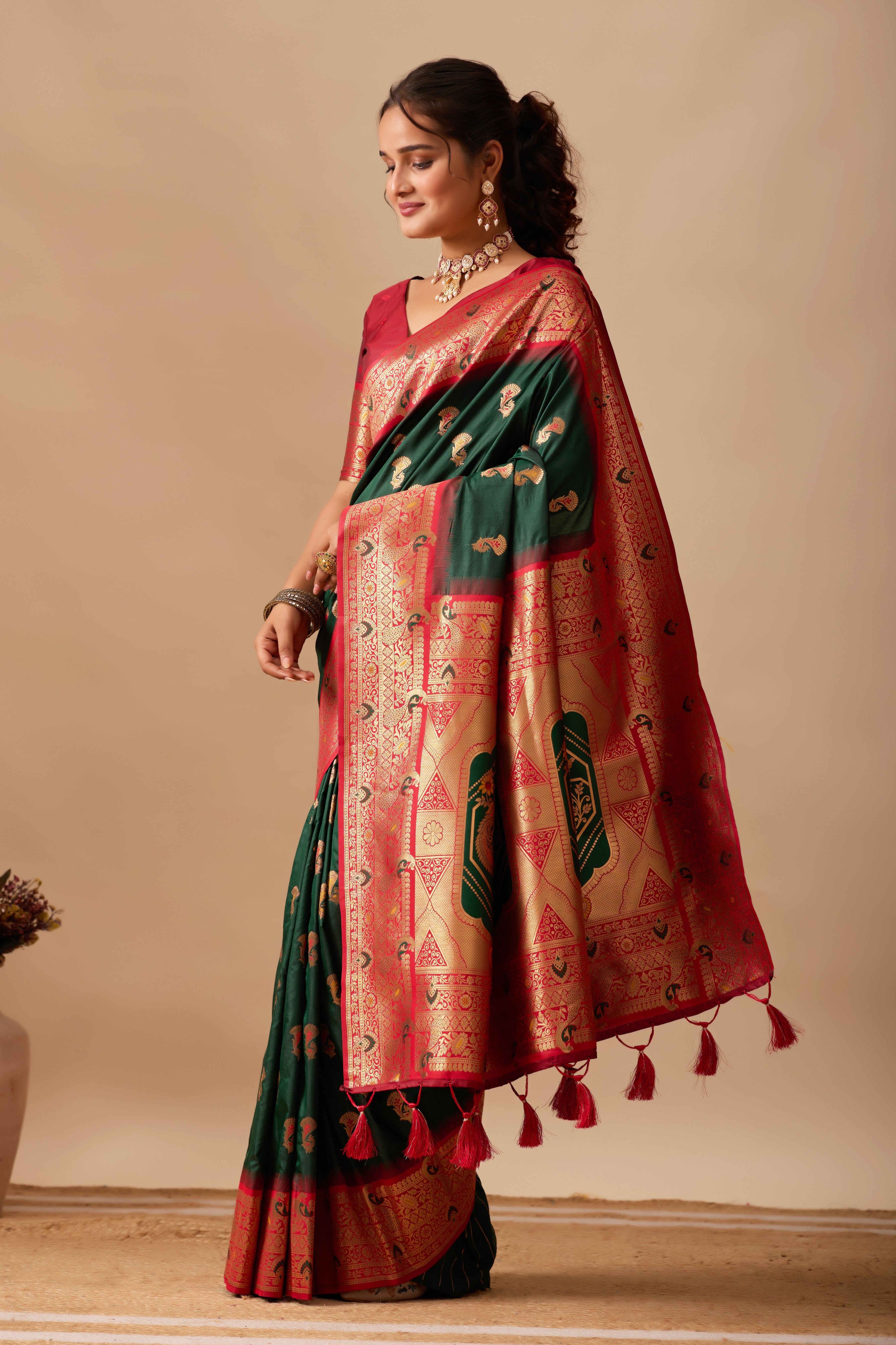 The Heritage Peacock Banarasi Silk Saree in Bottle Green