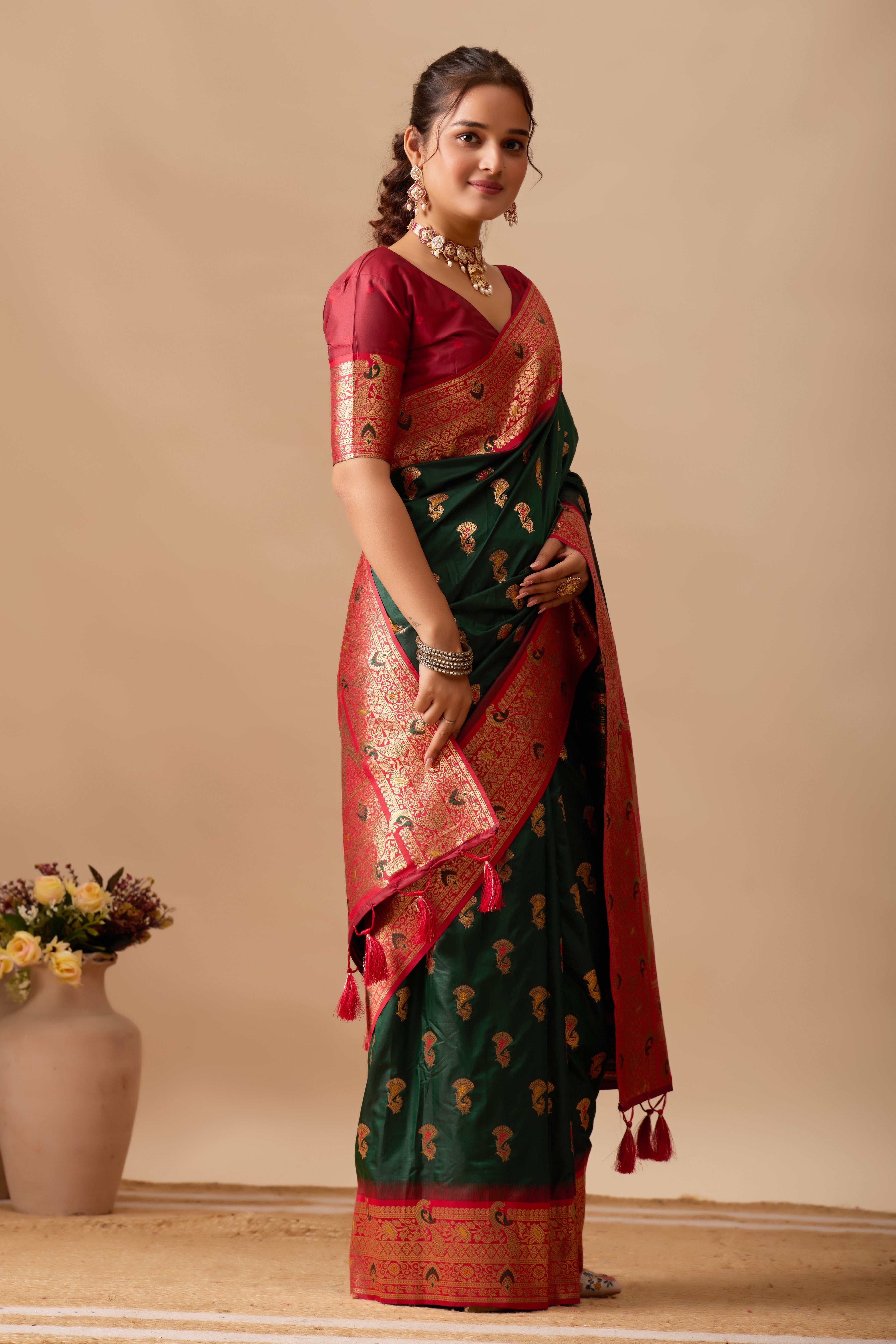The Heritage Peacock Banarasi Silk Saree in Bottle Green
