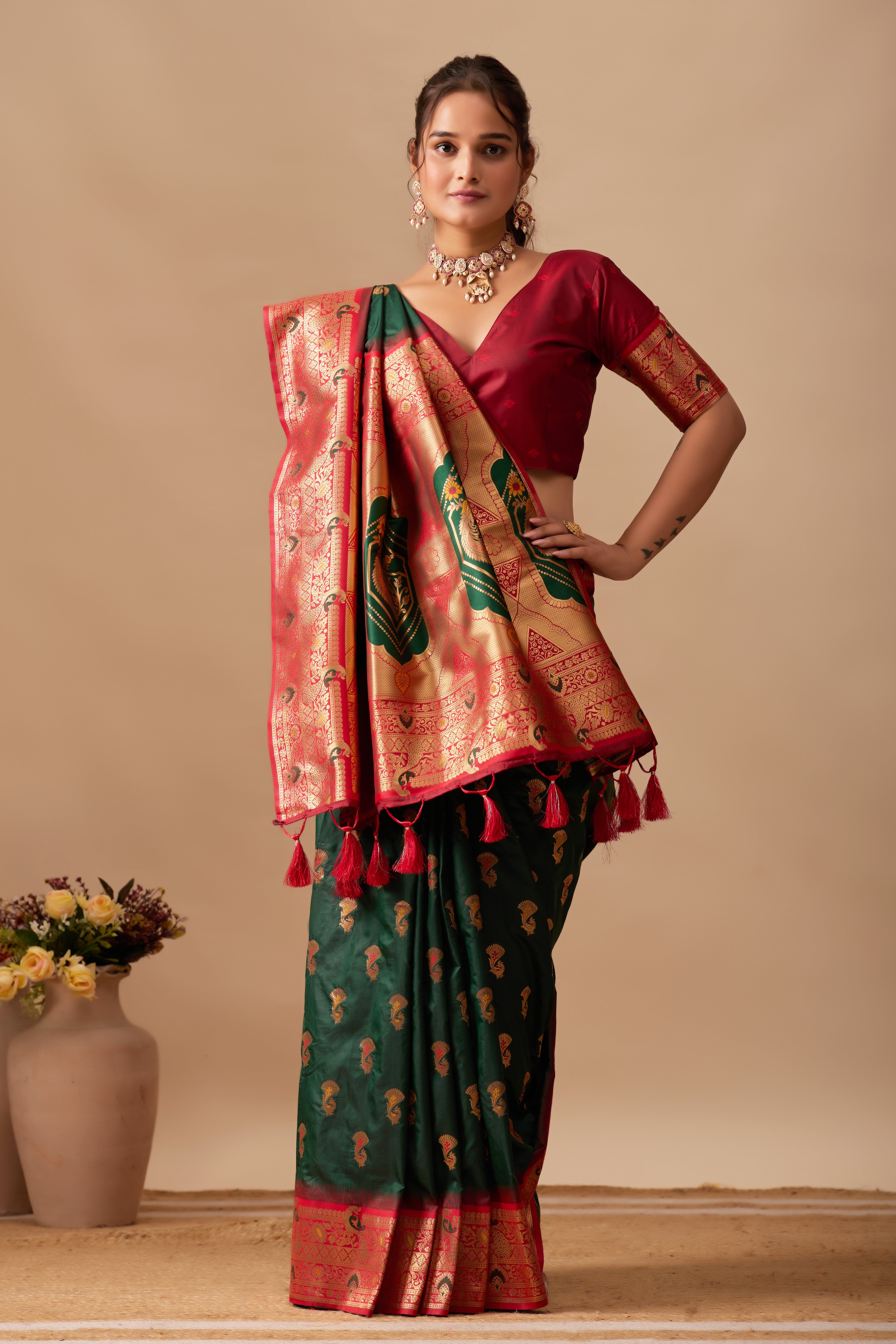 The Heritage Peacock Banarasi Silk Saree in Bottle Green