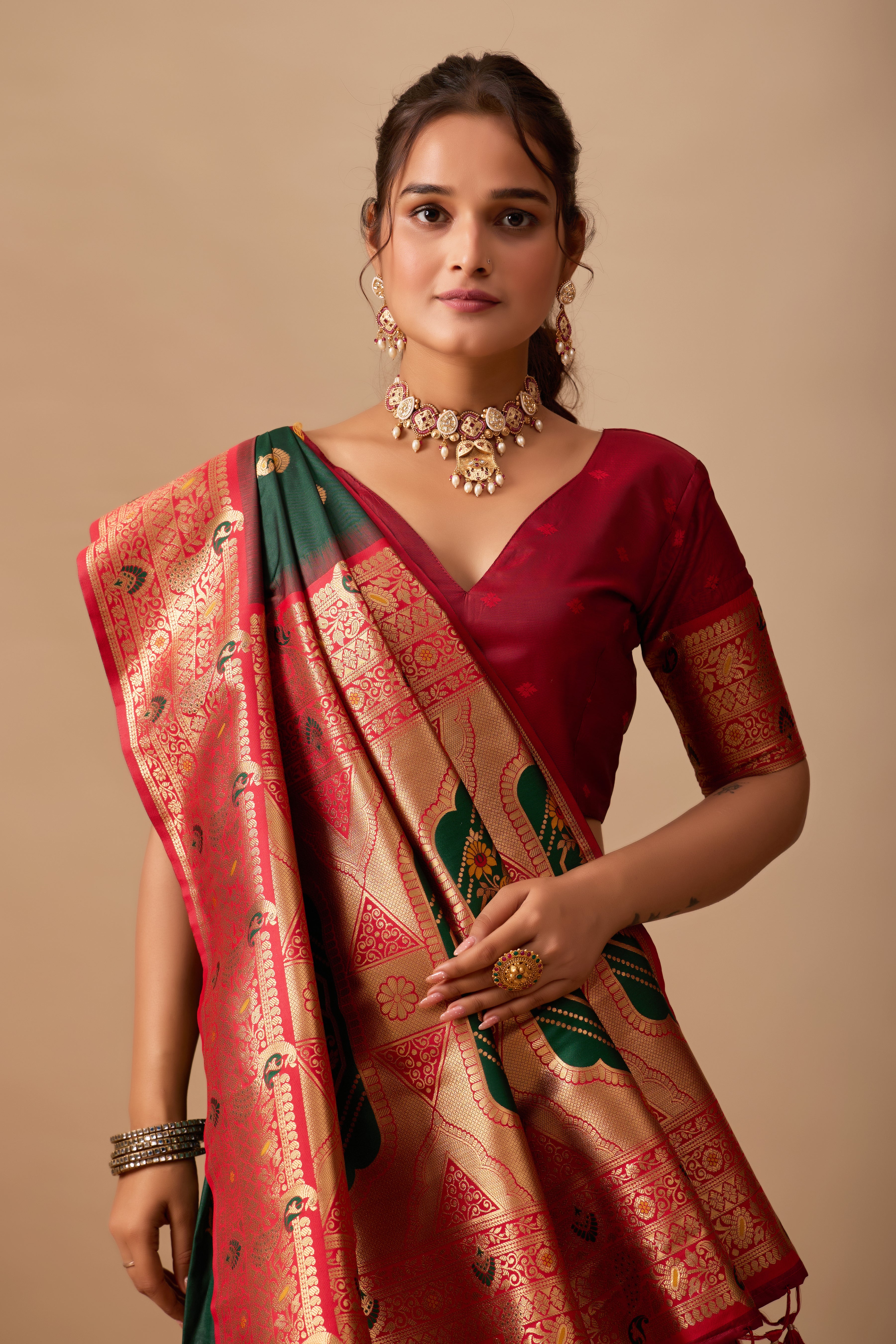 The Heritage Peacock Banarasi Silk Saree in Bottle Green